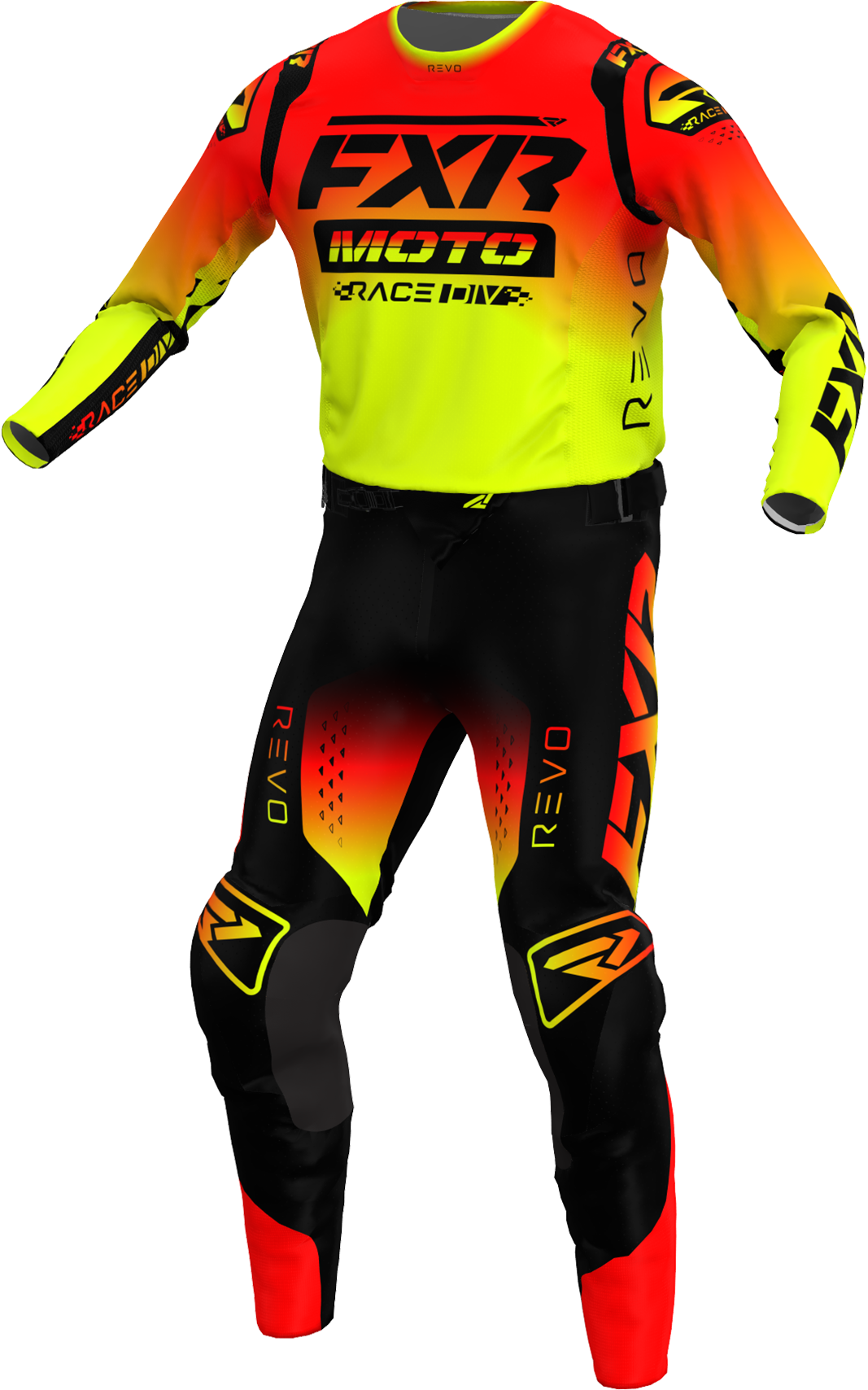 A 3D image of FXR's Revo Comp MX Jersey and Pant in Tequila Sunset colorway
