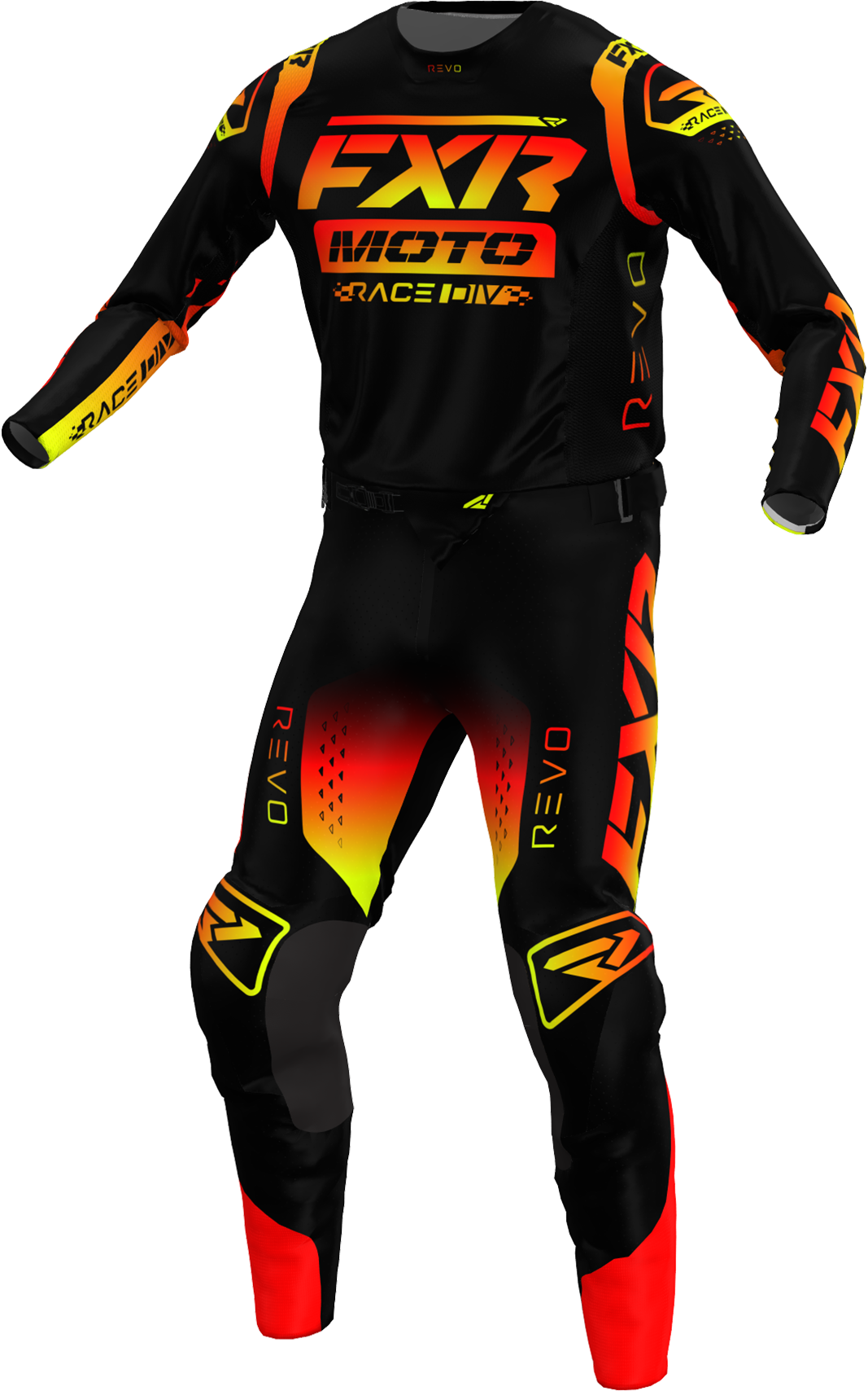 A 3D image of FXR's Revo Comp MX Jersey and Pant in Tequila Sunset/Black colorway