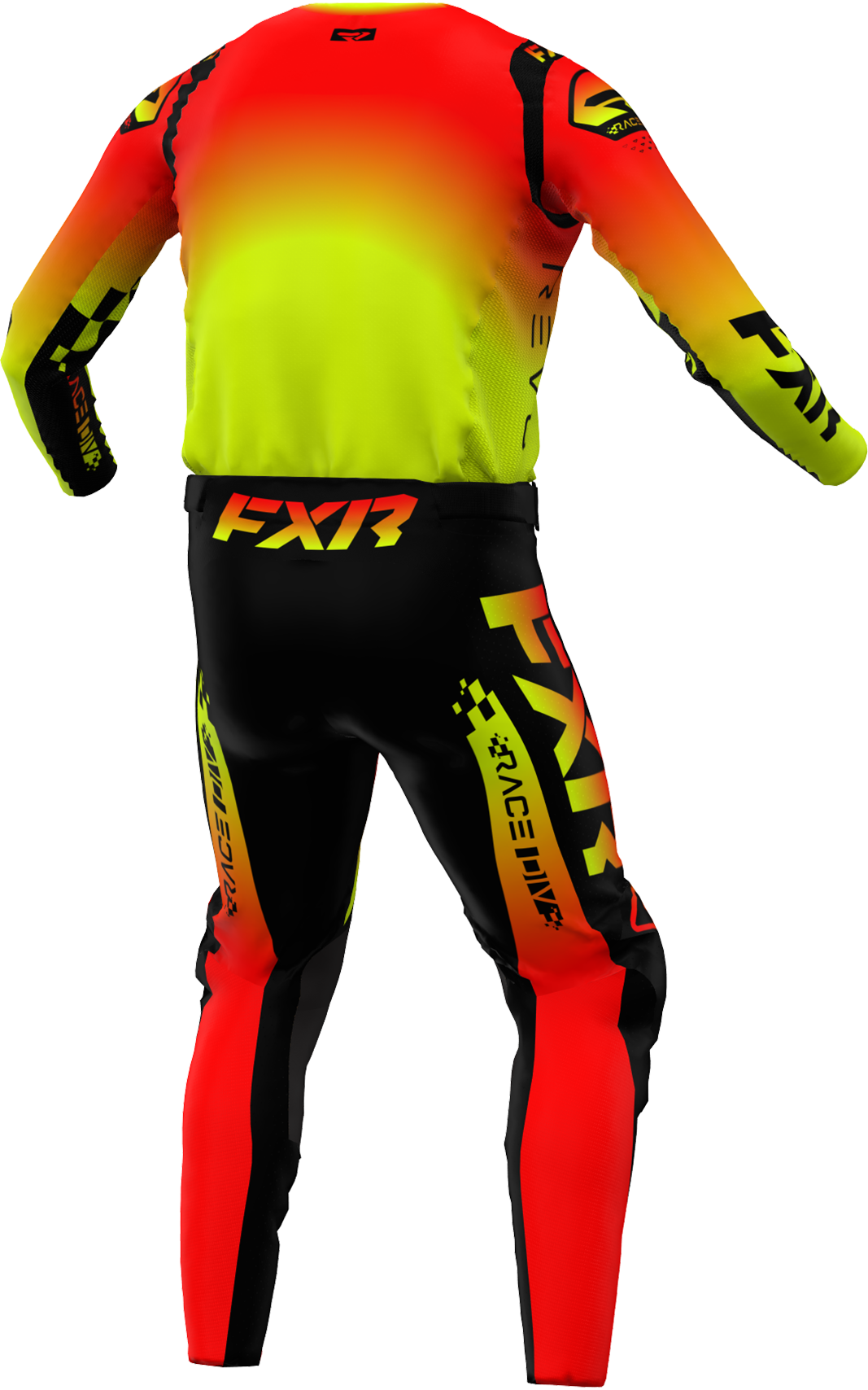 A 3D image of FXR's Revo Comp MX Jersey and Pant in Tequila Sunset colorway