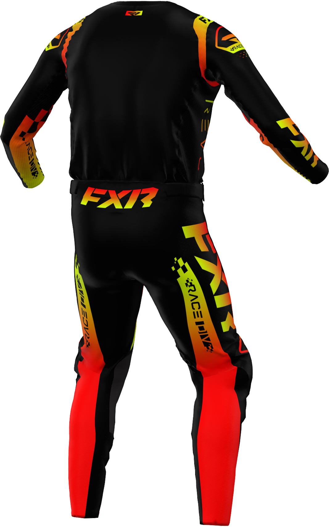 A 3D image of FXR's Revo Comp MX Jersey and Pant in Tequila Sunset/Black colorway