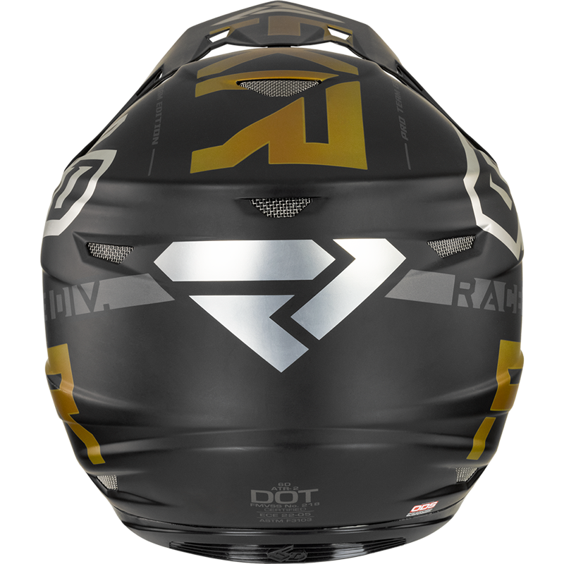 An image of FXR's 6D ATR-2 Race Div Helmet in black/gold/char/chrome colourway
