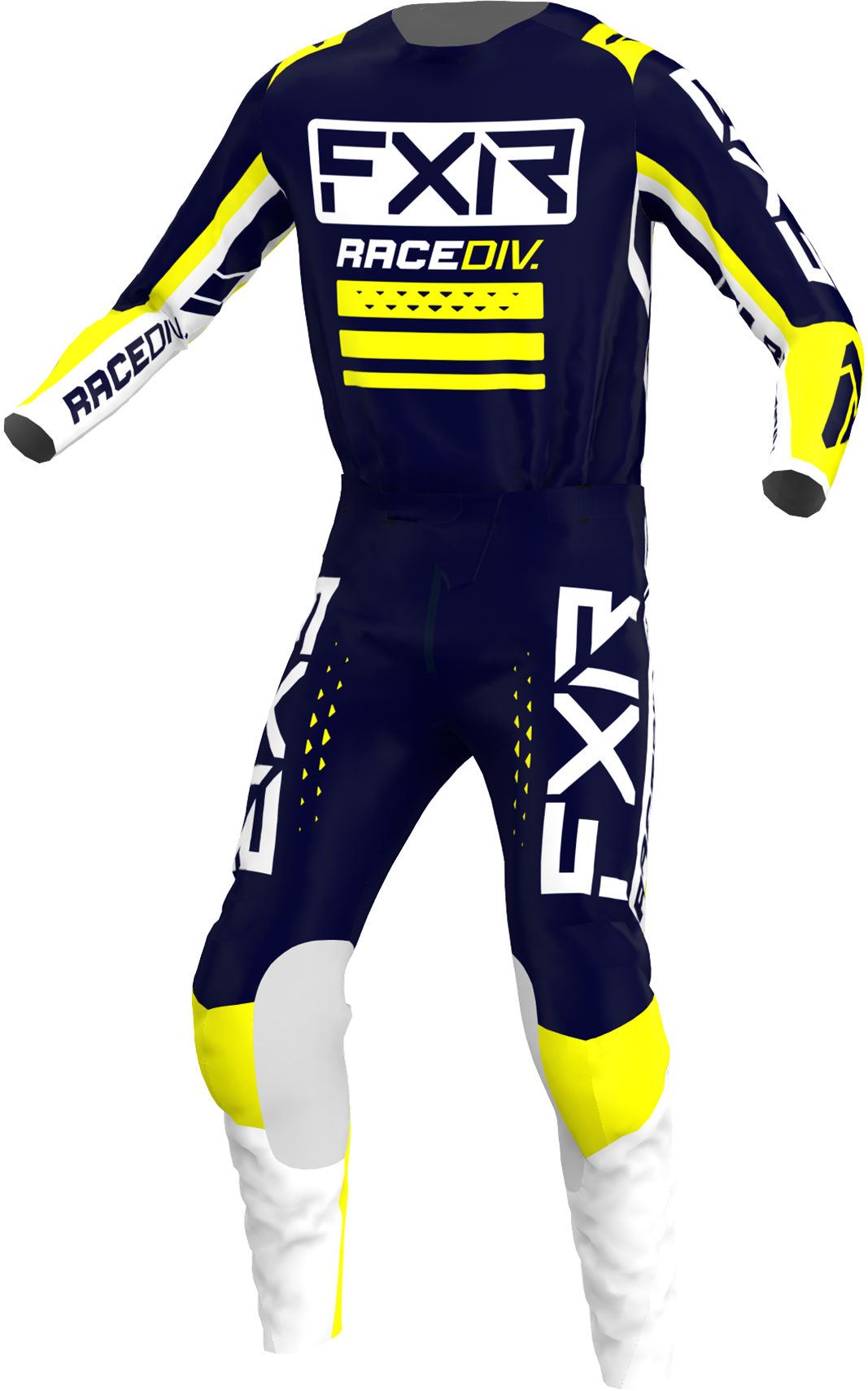 A 3D image of FXR’s Clutch Pro MX Jersey and Pant 22 in Midnight / White / Yellow colorway