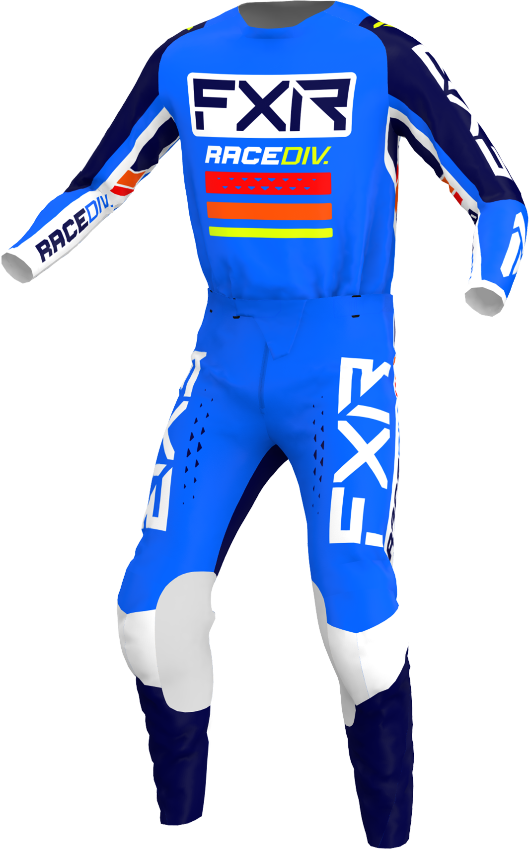 A 3D image of FXR’s Clutch Pro MX Jersey and Pant 22 in Cobalt Blue / White / Navy  colorway