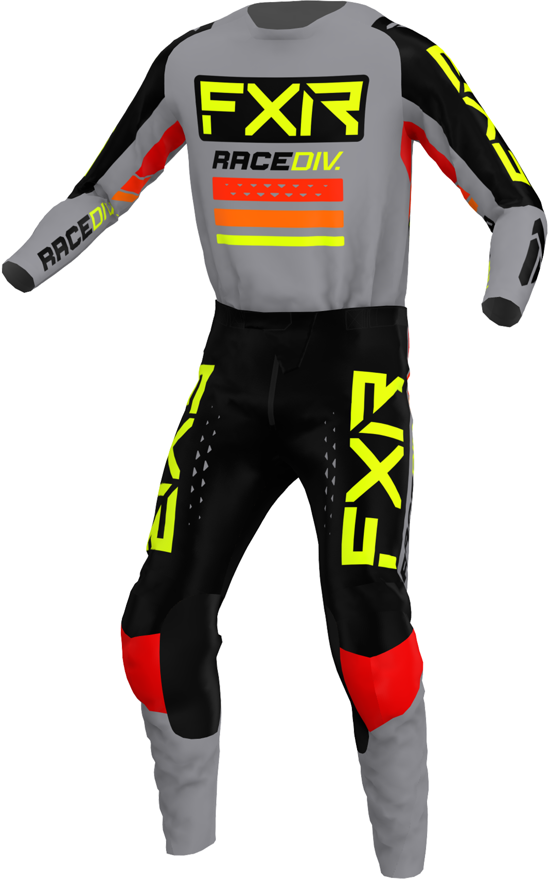 A 3D image of FXR’s Clutch Pro MX Jersey and Pant 22 in Grey / Black / Hivis colorway