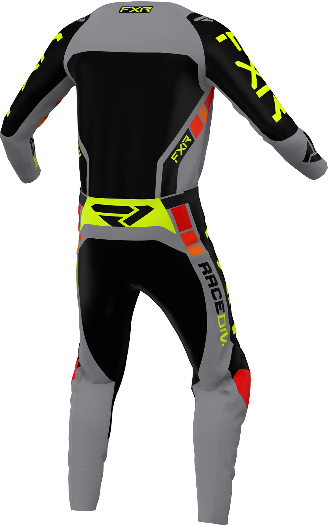A 3D image of FXR’s Clutch Pro MX Jersey and Pant 22 in Grey / Black / Hivis colorway