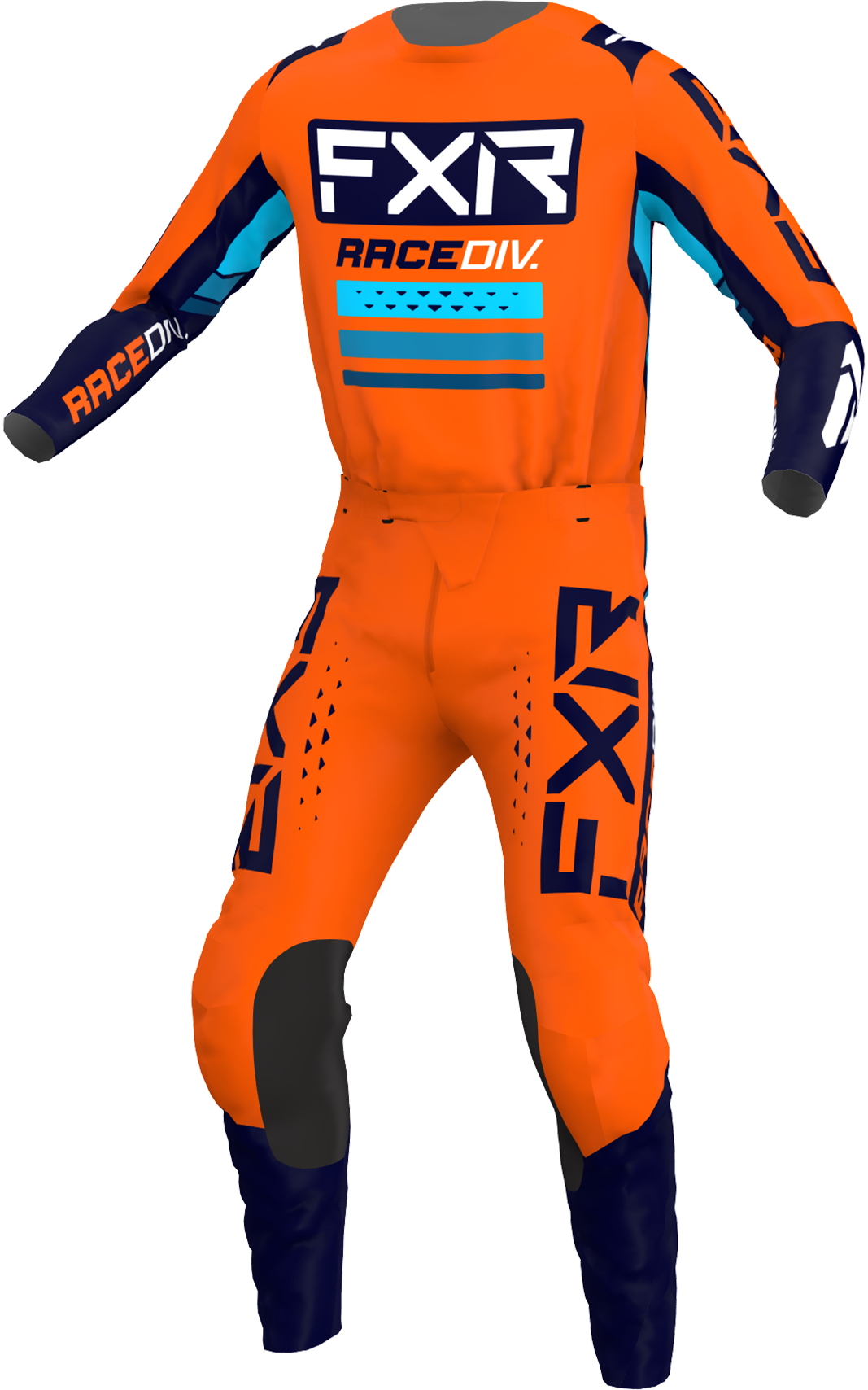 A 3D image of FXR’s Clutch Pro MX Jersey and Pant 22 in Orange / Midnight colorway