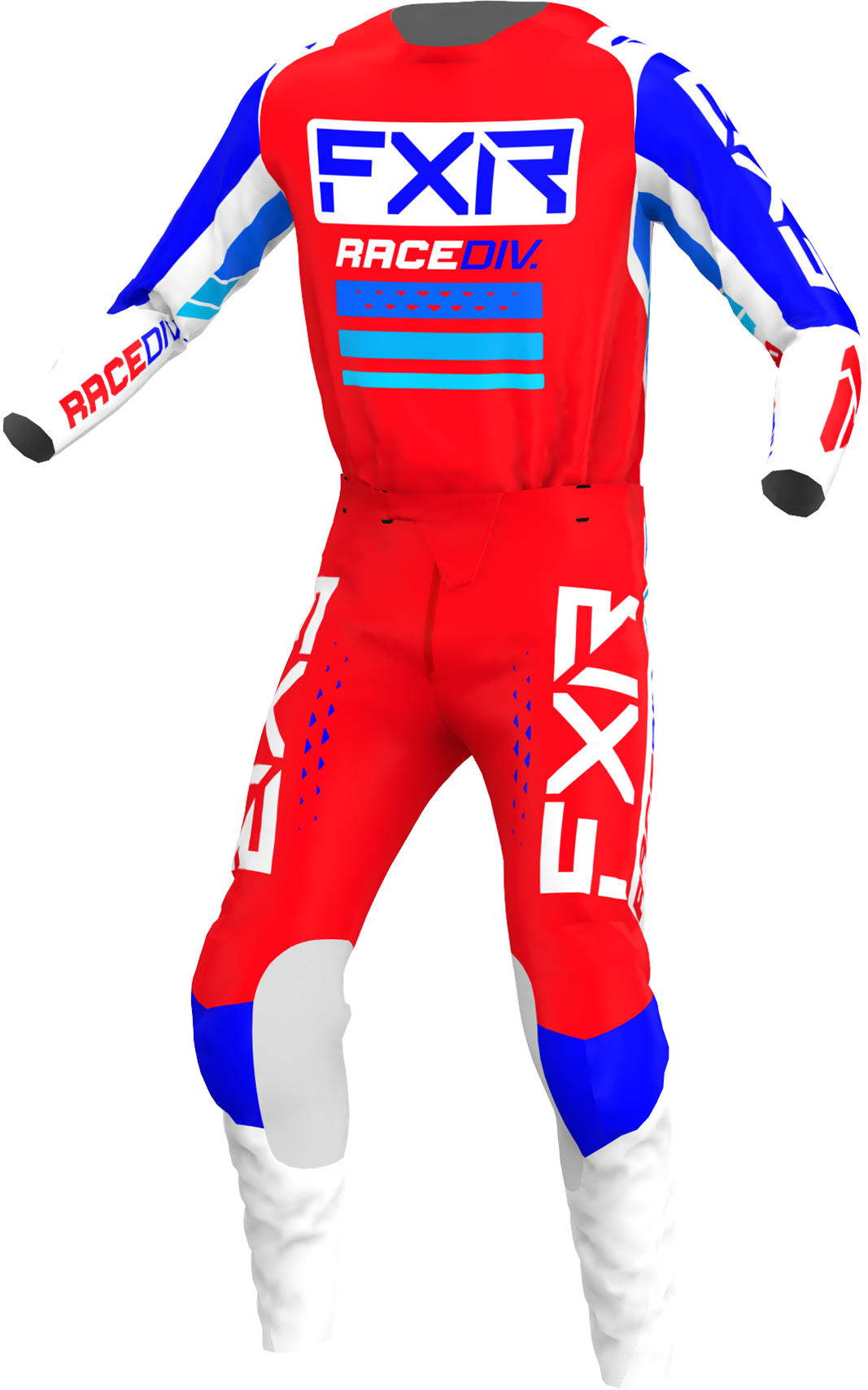 A 3D image of FXR’s Clutch Pro MX Jersey and Pant 22 in Red / Royal Blue / White colorway
