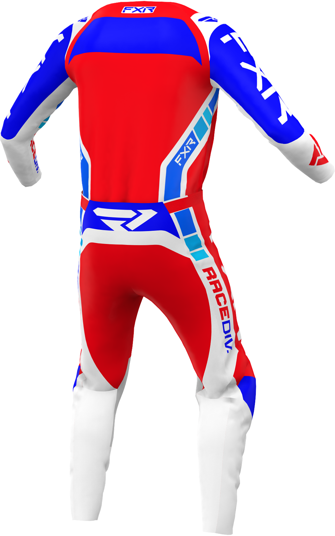 A 3D image of FXR’s Clutch Pro MX Jersey and Pant 22 in Red / Royal Blue / White colorway