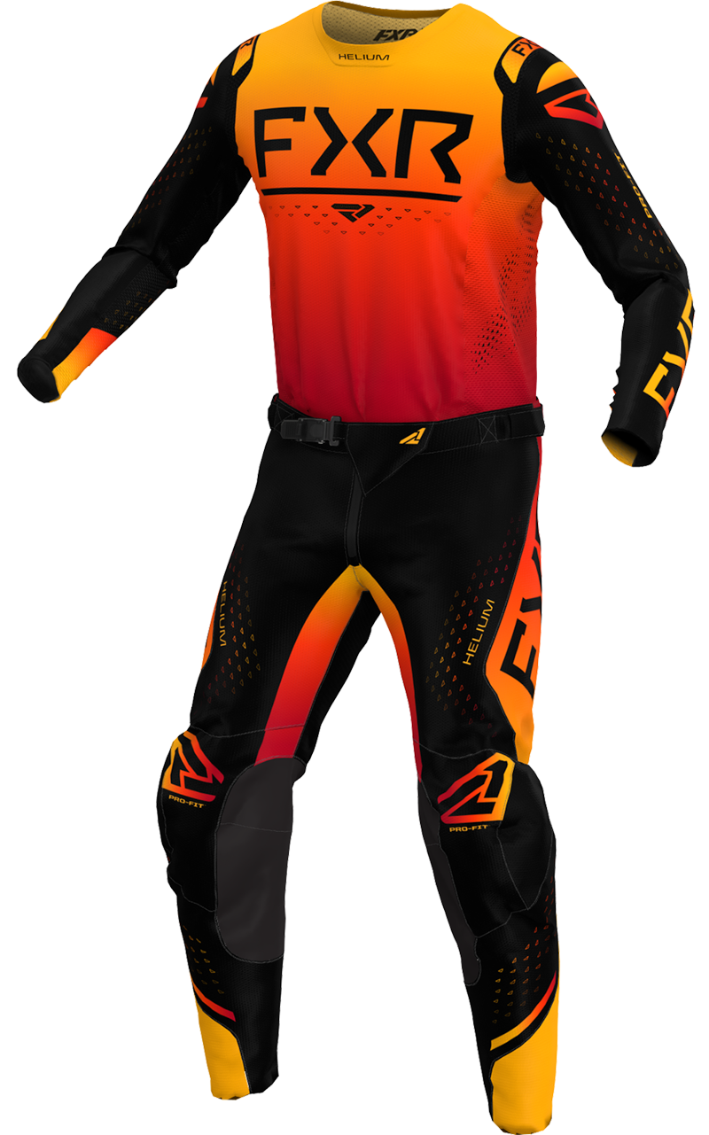 A 3D image of FXR's Helium MX LE Jersey and Pant in Flame colorway