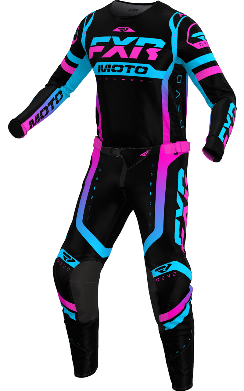 A 3D image of FXR's Revo Pro MX LE Jersey and Pant in Nightclub colorway