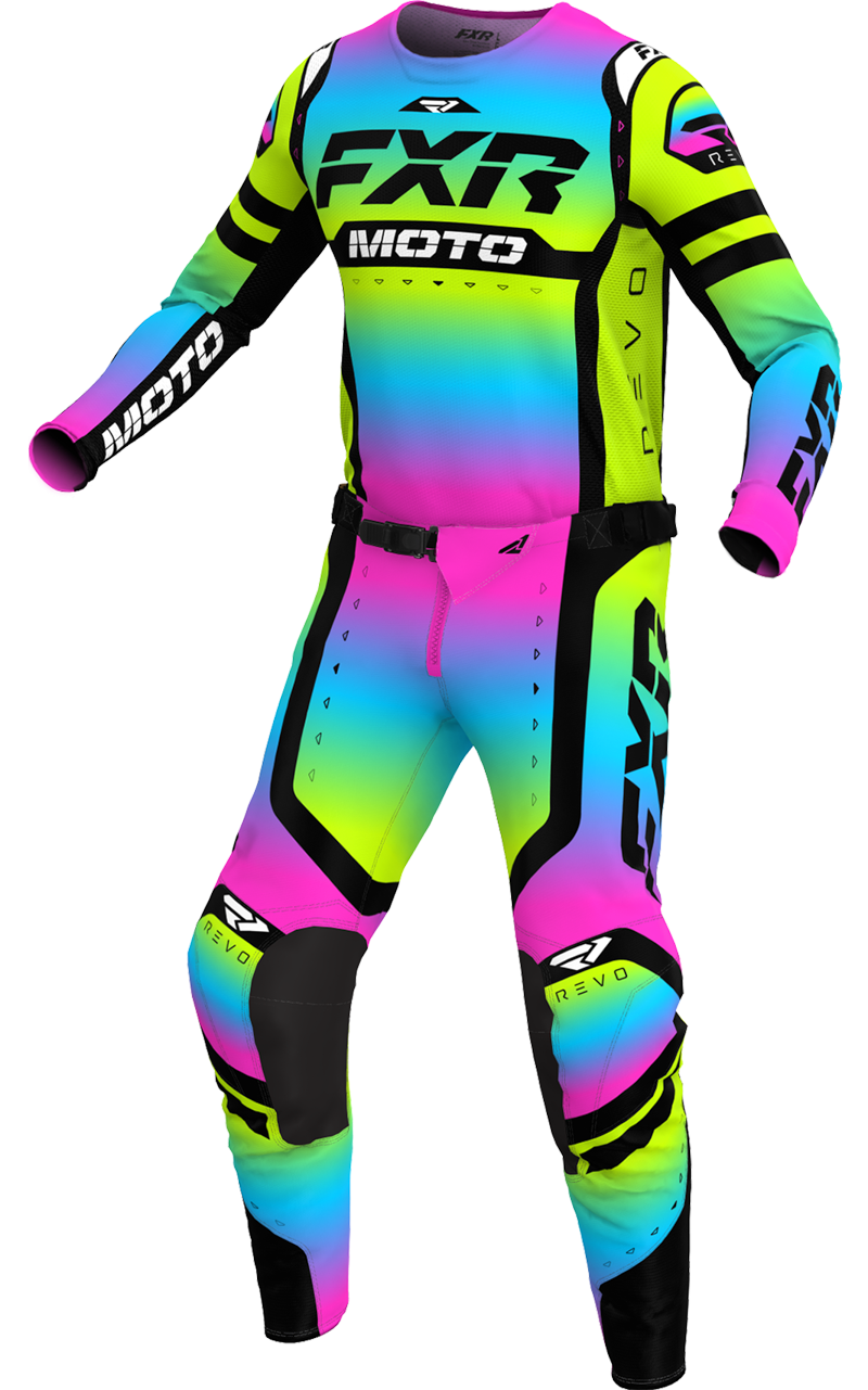A 3D image of FXR's Revo Pro MX LE Jersey and Pant in Prism colorway