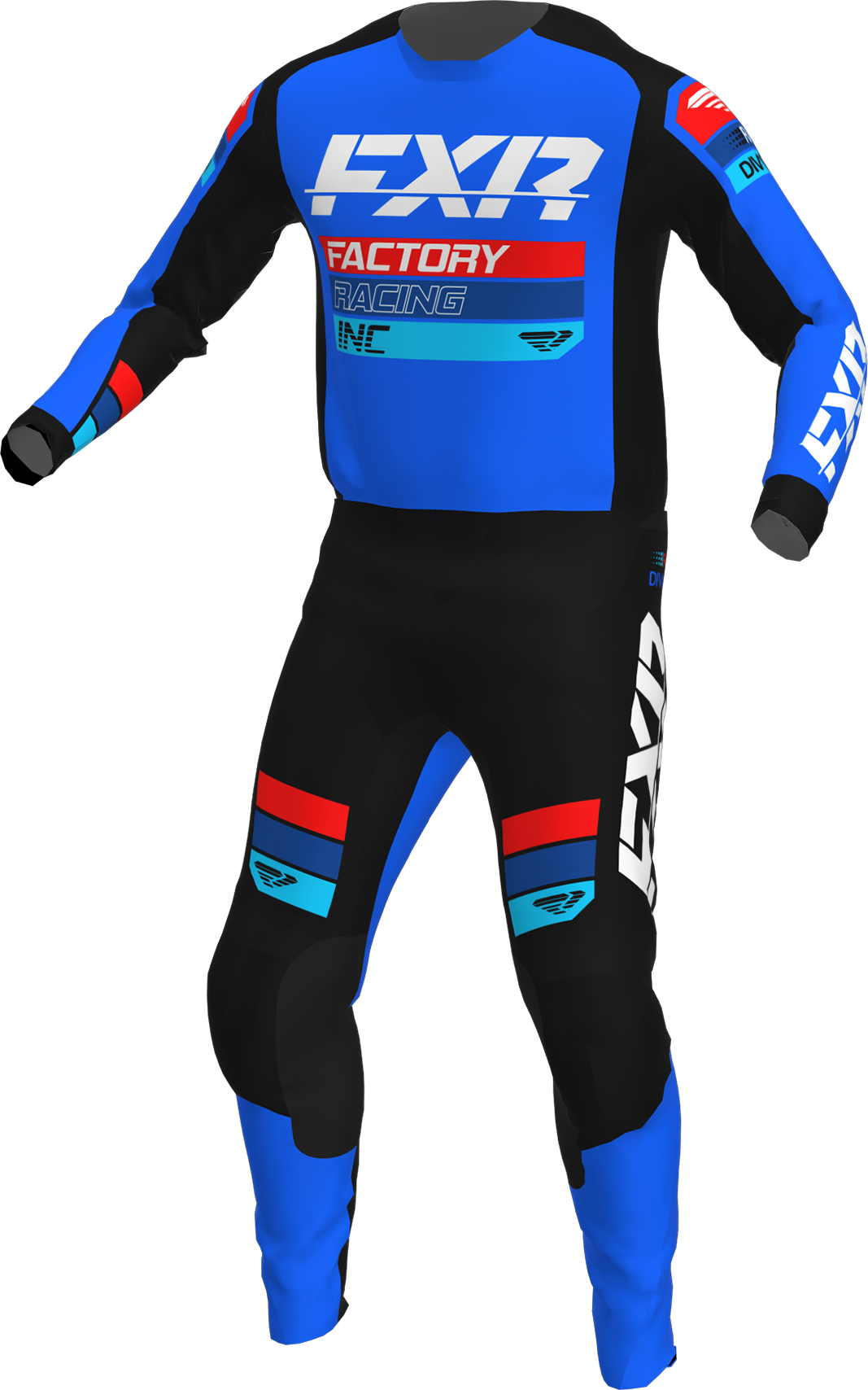 A 3D image of FXR's Clutch MX Jersey and Pant in Black/Blue/Red colorway