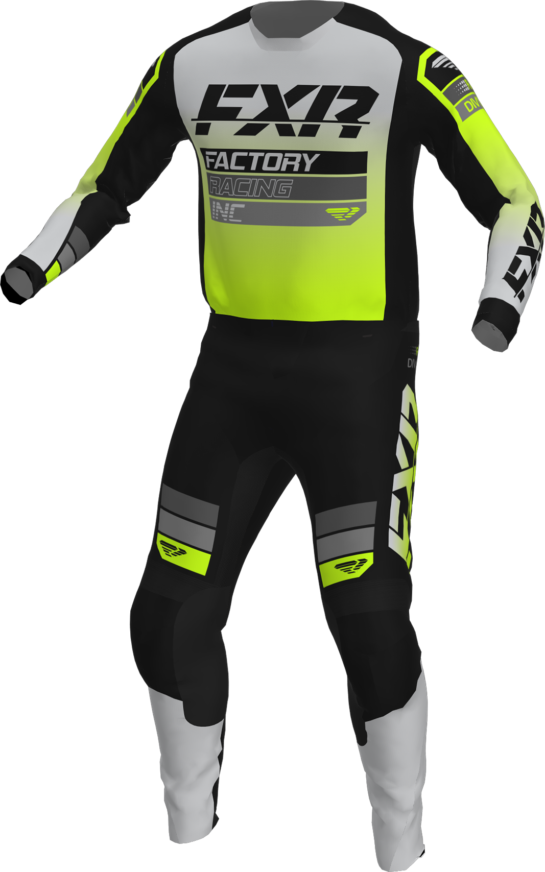 A 3D image of FXR's Clutch MX Jersey and Pant in Black/Grey/Hi-Vis colorway