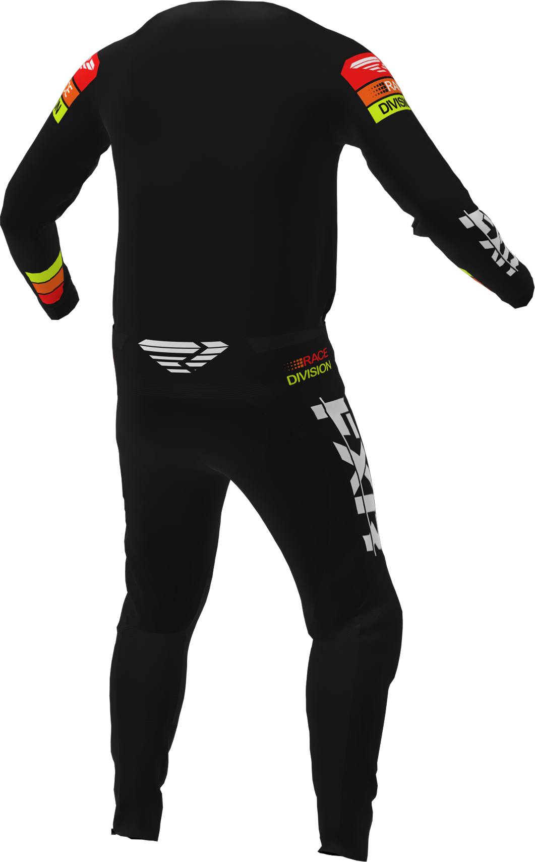 A 3D image of FXR's Clutch MX Jersey and Pant in Black/Orange/Hi-Vis colorway