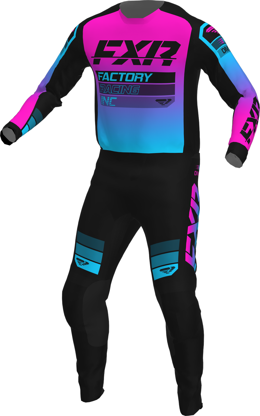 A 3D image of FXR's Clutch MX Jersey and Pant in Black/Sky/Pink colorway