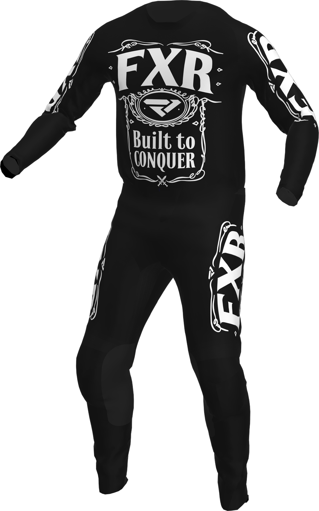 A 3D image of FXR's Clutch MX Jersey and Pant in Black/White colorway