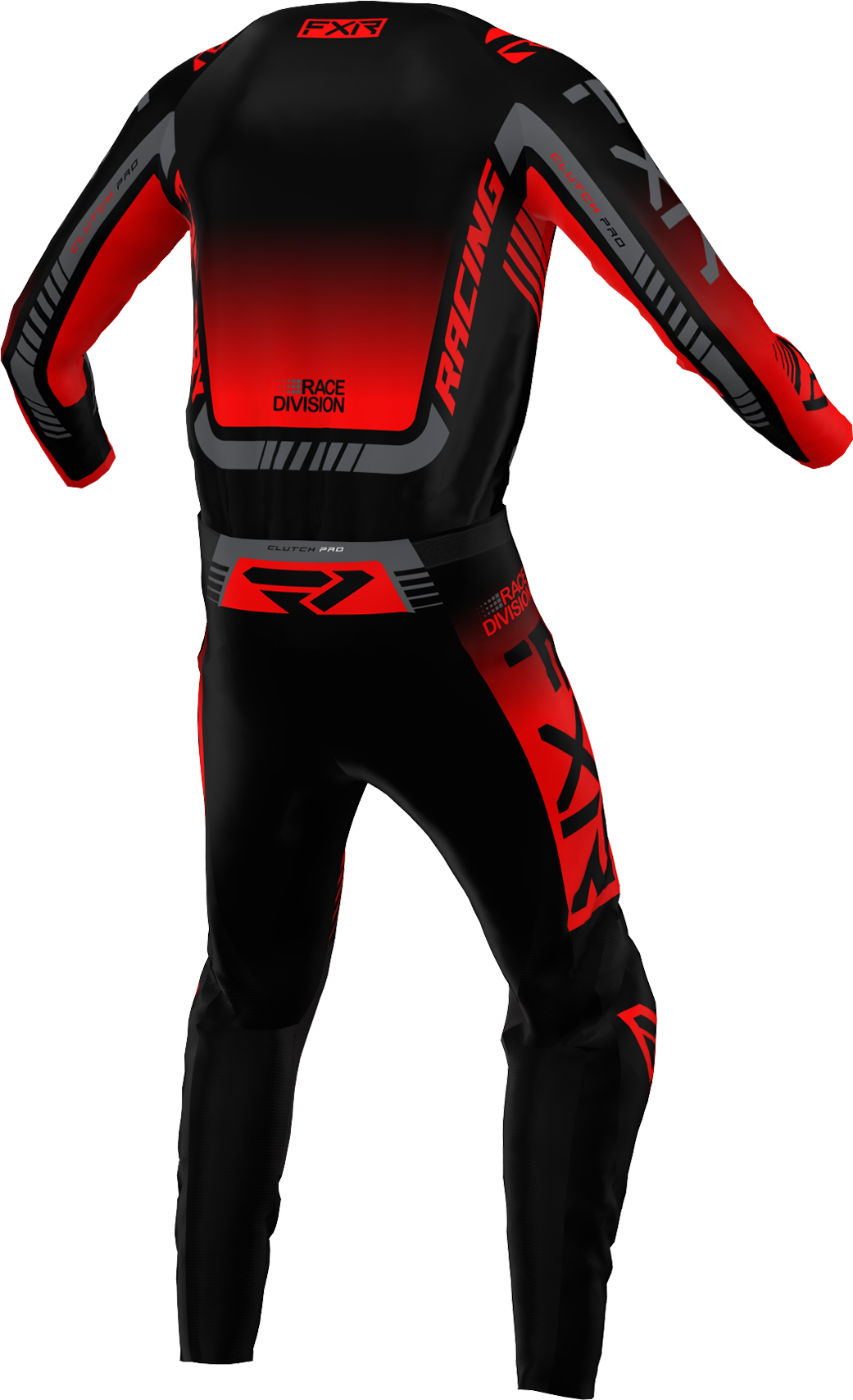 A 3D image of FXR's Clutch Pro MX Jersey and Pant in Black/Red/Char colorway