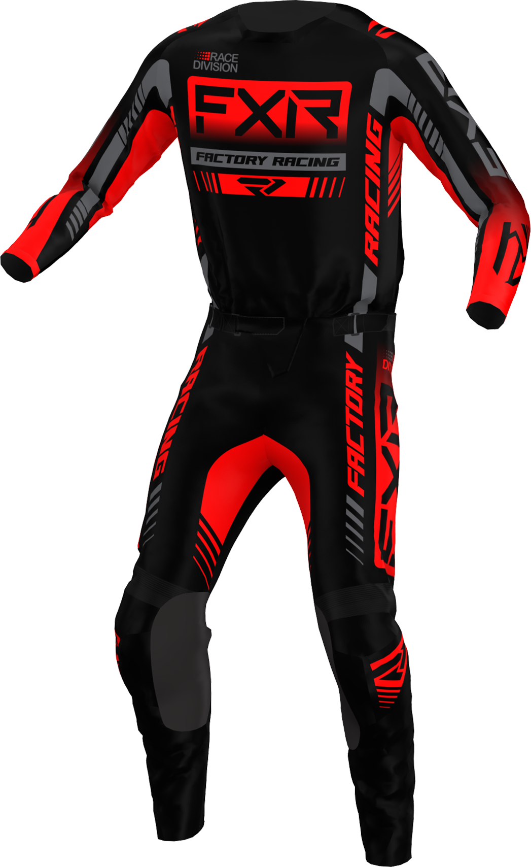 A 3D image of FXR's Clutch Pro MX Jersey and Pant in Black/Red/Char colorway