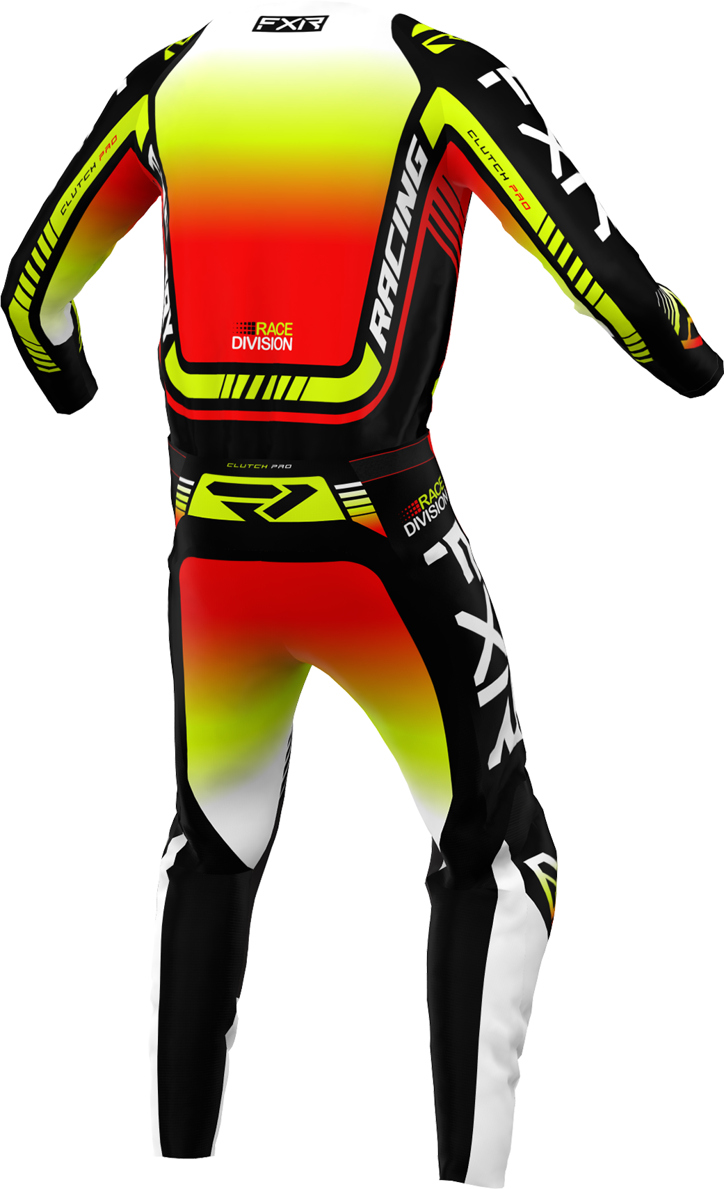 A 3D image of FXR's Clutch Pro MX Jersey and Pant in Black/White/Hi-Vis colorway
