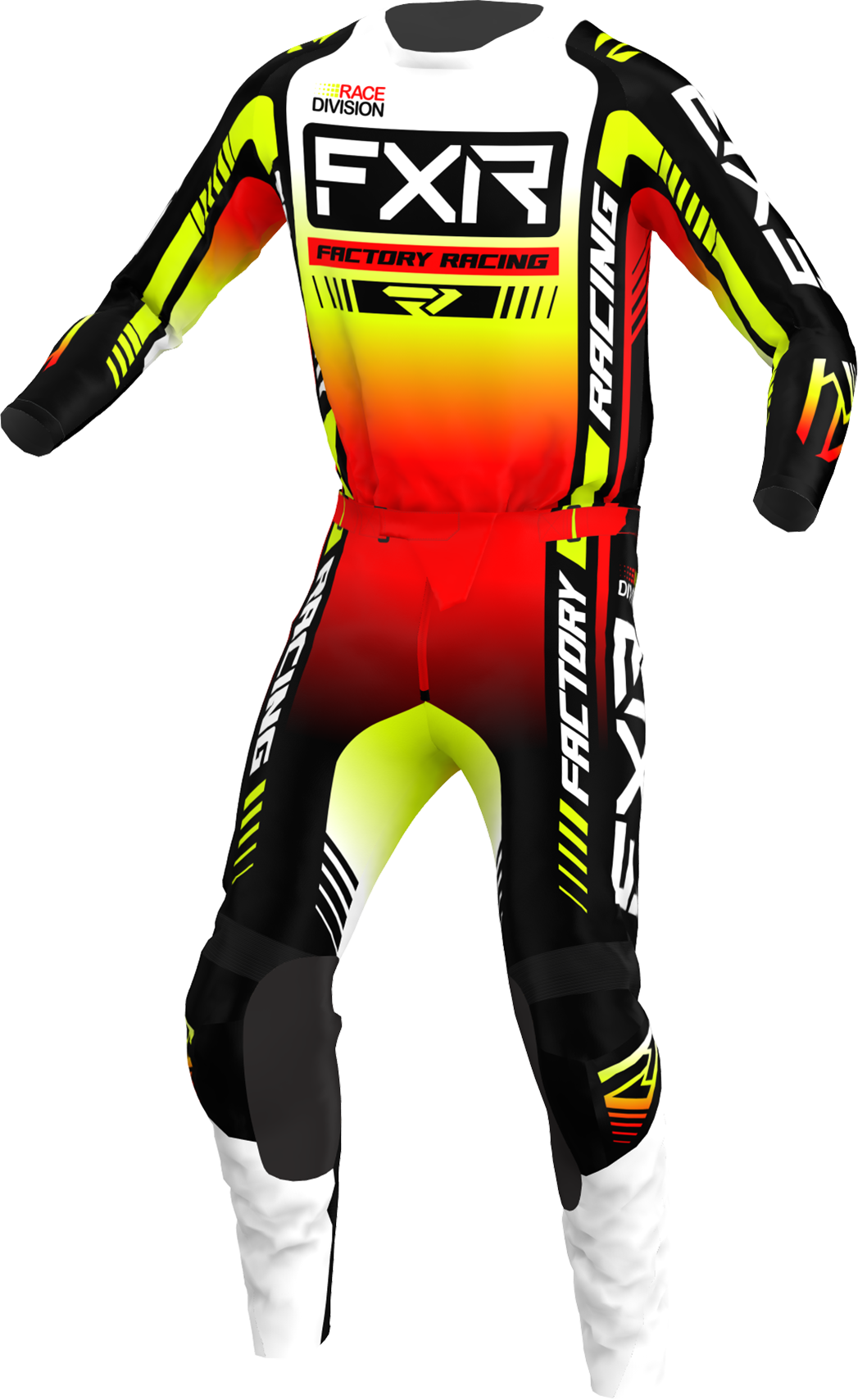 A 3D image of FXR's Clutch Pro MX Jersey and Pant in Black/White/Hi-Vis colorway