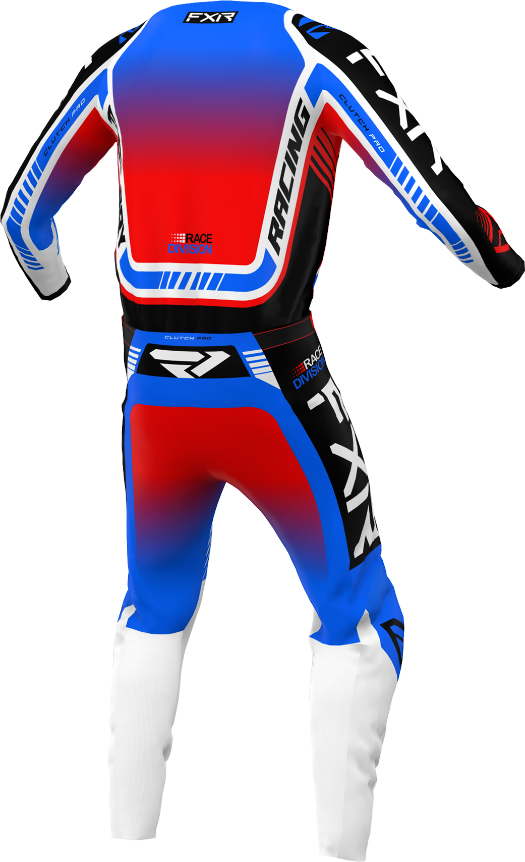A 3D image of FXR's Clutch Pro MX Jersey and Pant in Blue/Red/White colorway