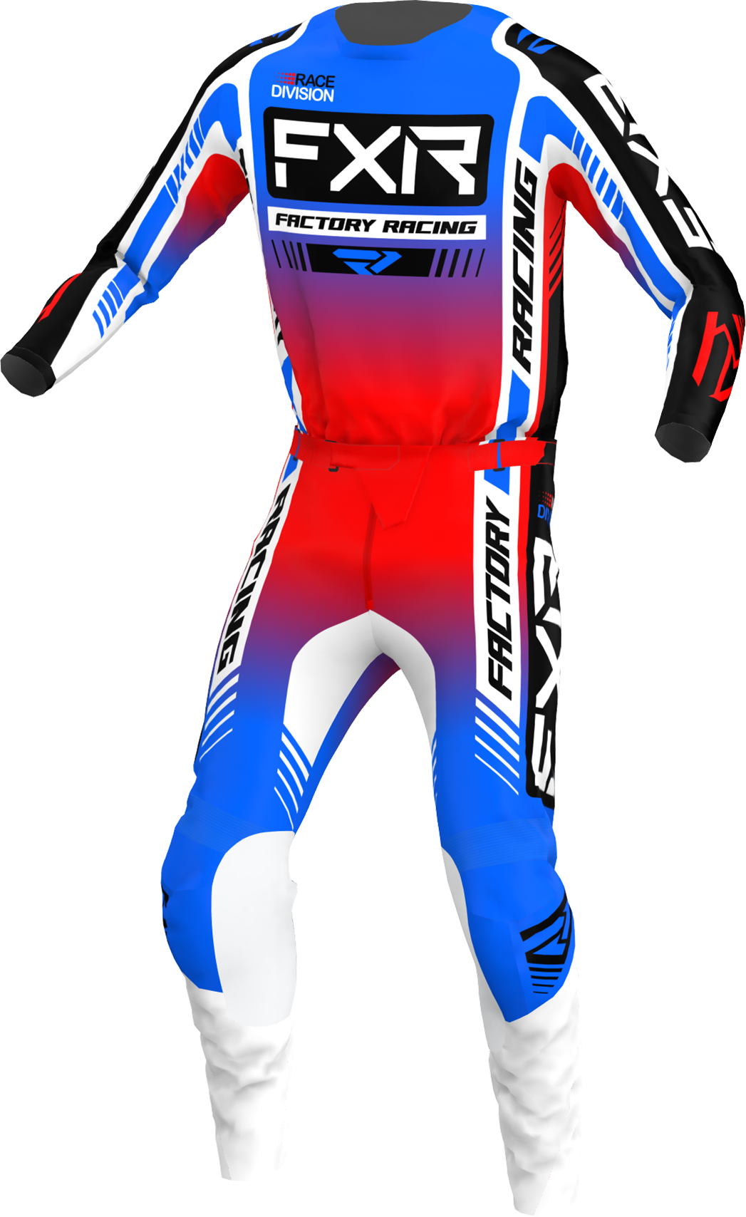 A 3D image of FXR's Clutch Pro MX Jersey and Pant in Blue/Red/White colorway