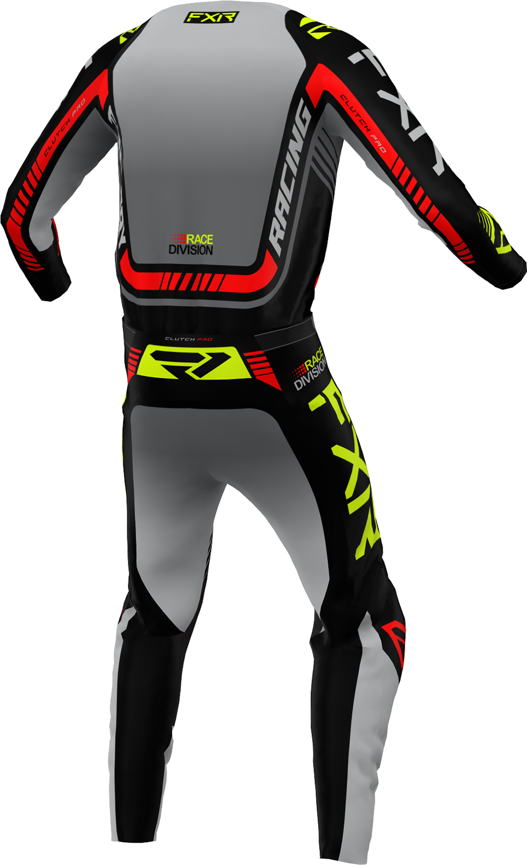 A 3D image of FXR's Clutch Pro MX Jersey and Pant in Grey/Black/Hi-Vis colorway