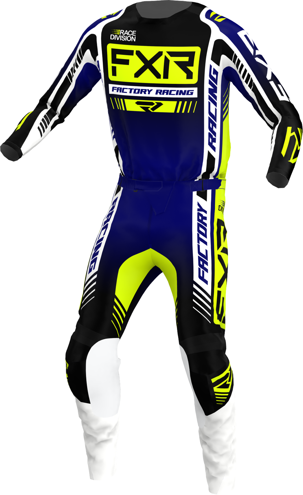 A 3D image of FXR's Clutch Pro MX Jersey and Pant in Midnight/Hi-Vis/White colorway