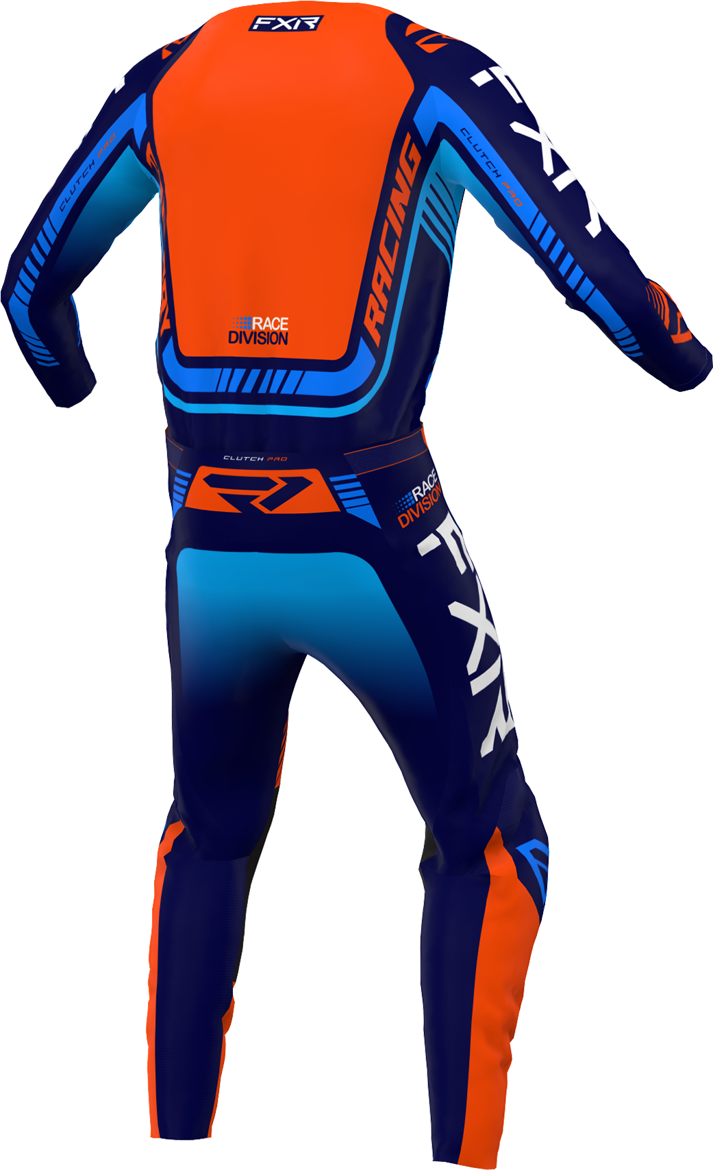 A 3D image of FXR's Clutch Pro MX Jersey and Pant in Orange/Navy colorway