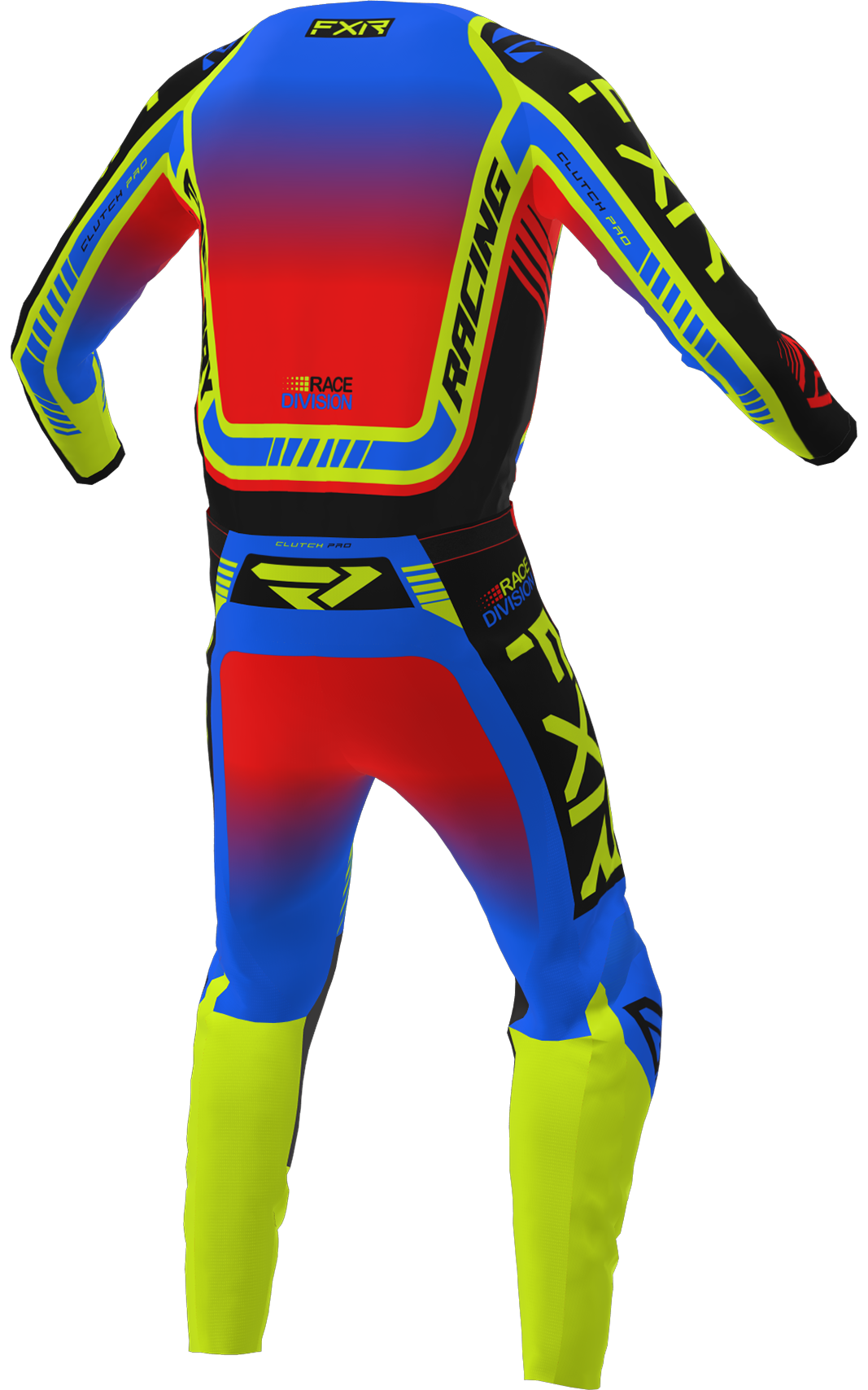 A 3D image of FXR's Youth Clutch Pro MX Jersey and Pant in ProBlue/Hi-Vis/Red colorway