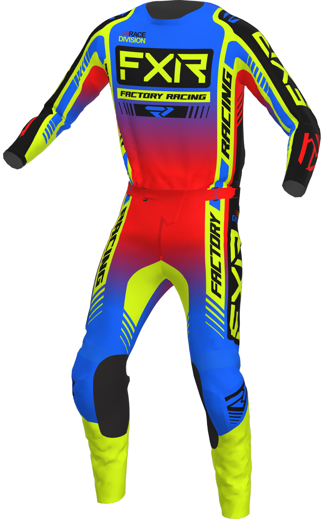 A 3D image of FXR's Youth Clutch Pro MX Jersey and Pant in ProBlue/Hi-Vis/Red colorway