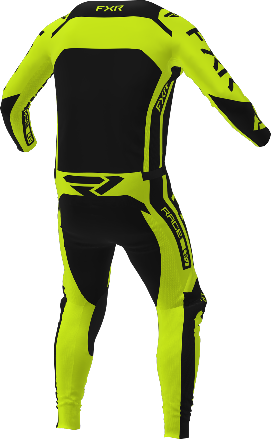 A 3D image of FXR's Contender MX Jersey and Pant in Black/Hi-Vis colorway