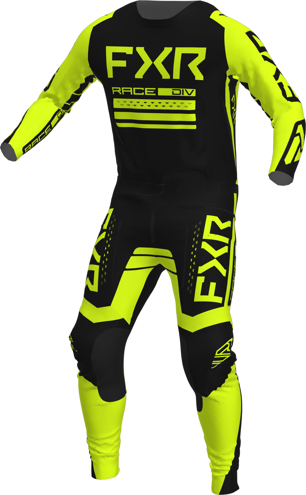 A 3D image of FXR's Contender MX Jersey and Pant in Black/Hi-Vis colorway