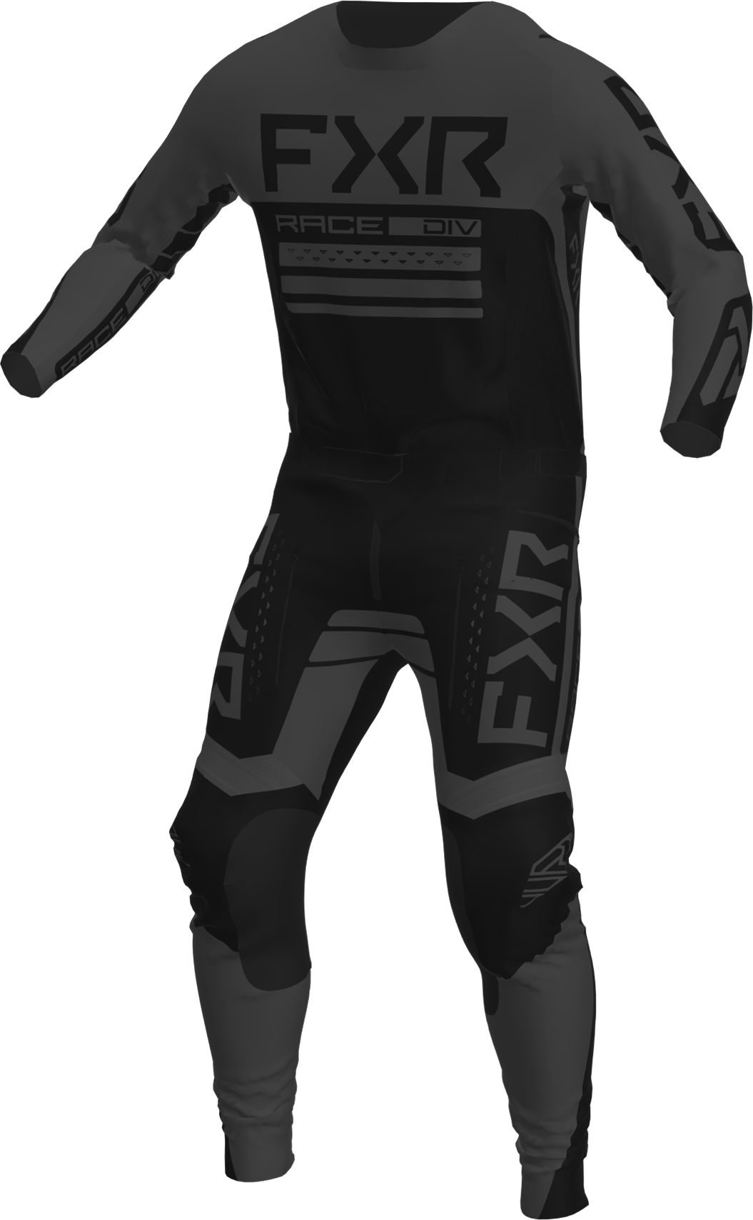 A 3D image of FXR's Contender MX Jersey and Pant in Black Ops colorway