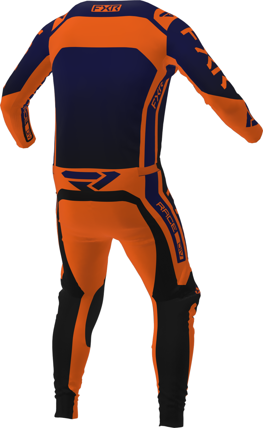 A 3D image of FXR's Contender MX Jersey and Pant in Midnight/Orange colorway