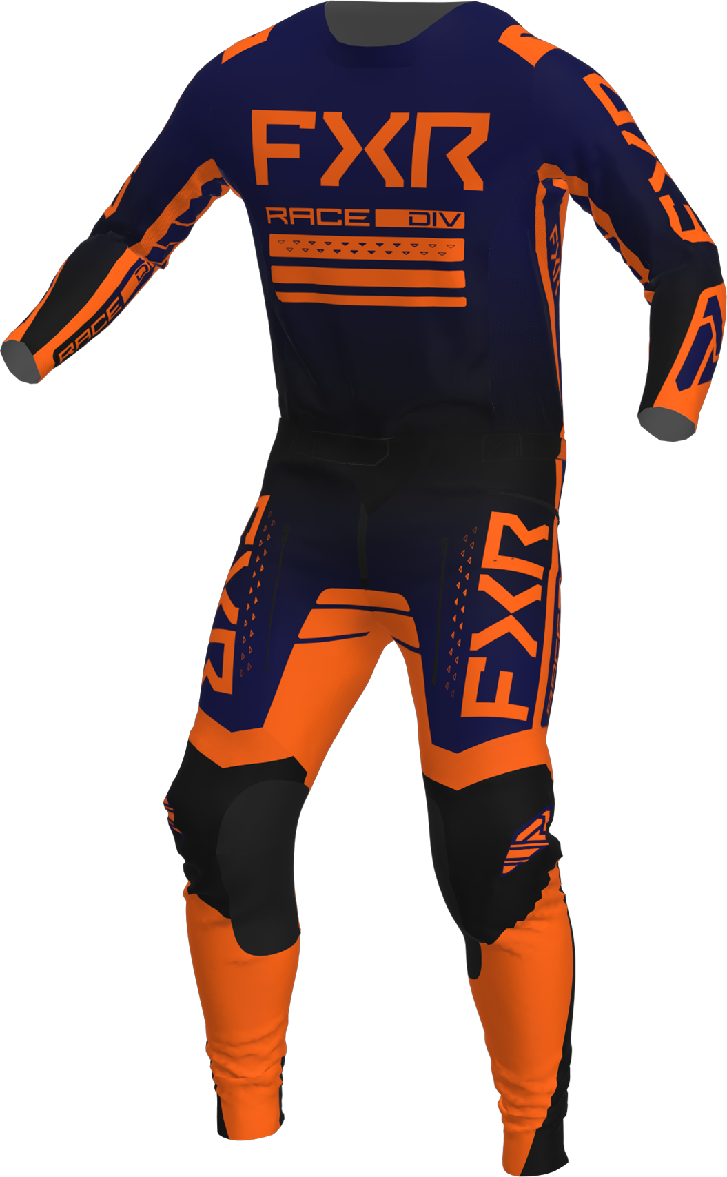 A 3D image of FXR's Contender MX Jersey and Pant in Midnight/Orange colorway