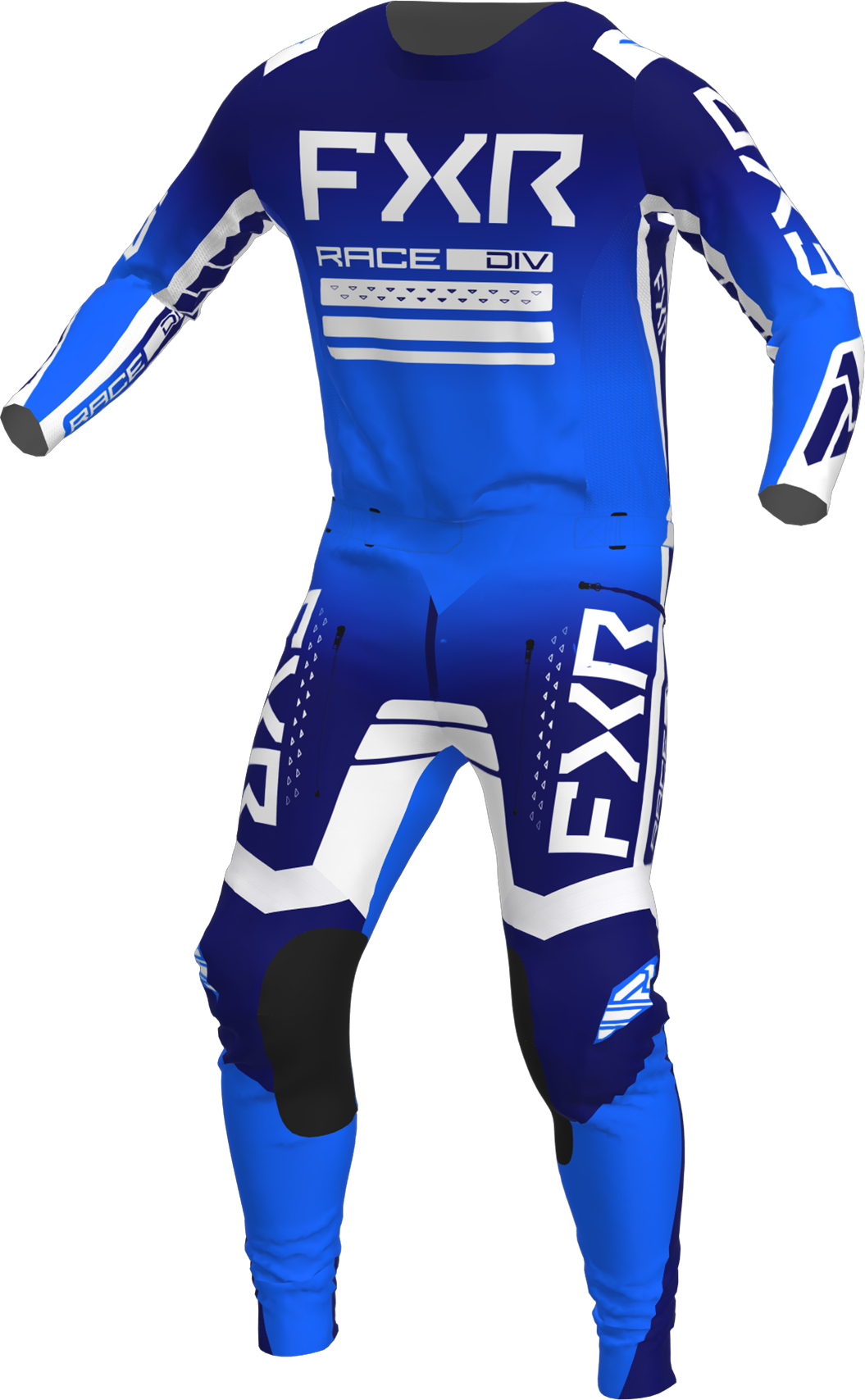A 3D image of FXR's Contender MX Jersey and Pant in Navy/Blue colorway