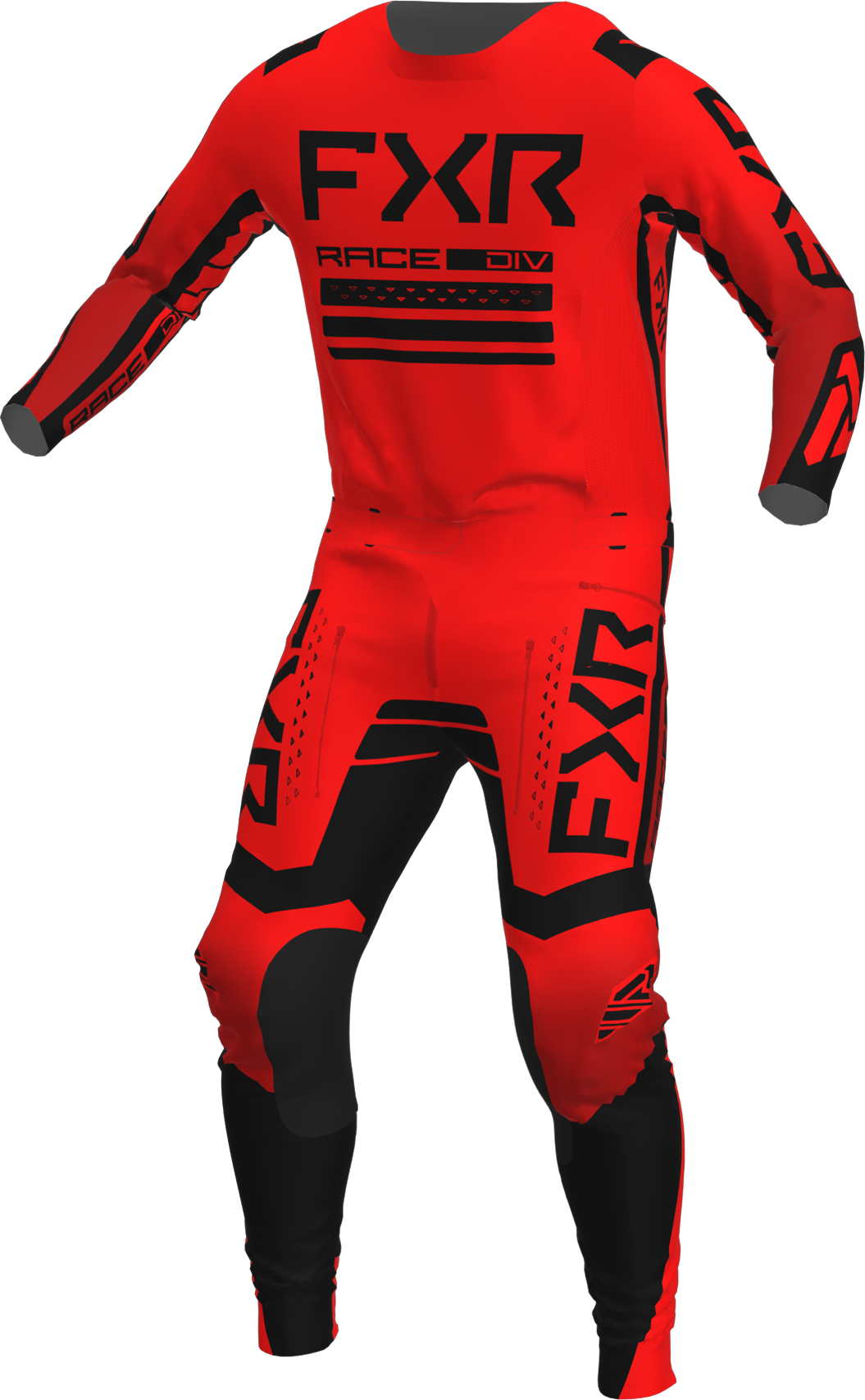A 3D image of FXR's Contender MX Jersey and Pant in Red/Black colorway