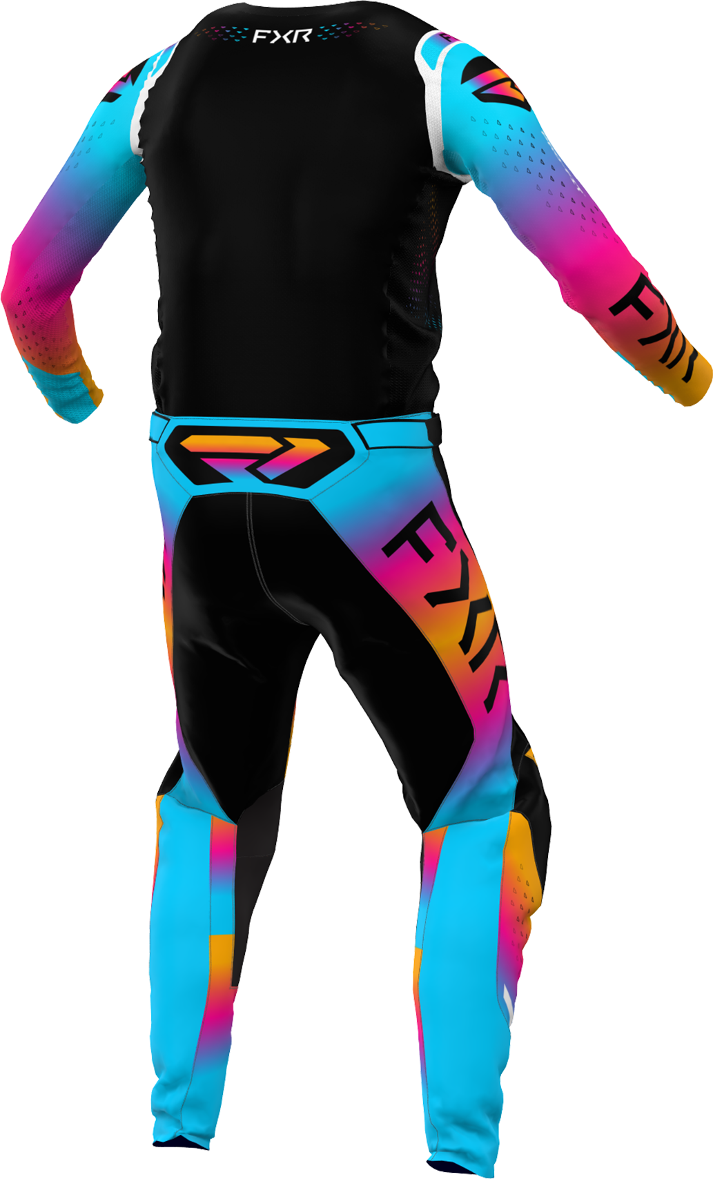 A 3D image of FXR's Helium MX Jersey and Pant in Chromatic colorway