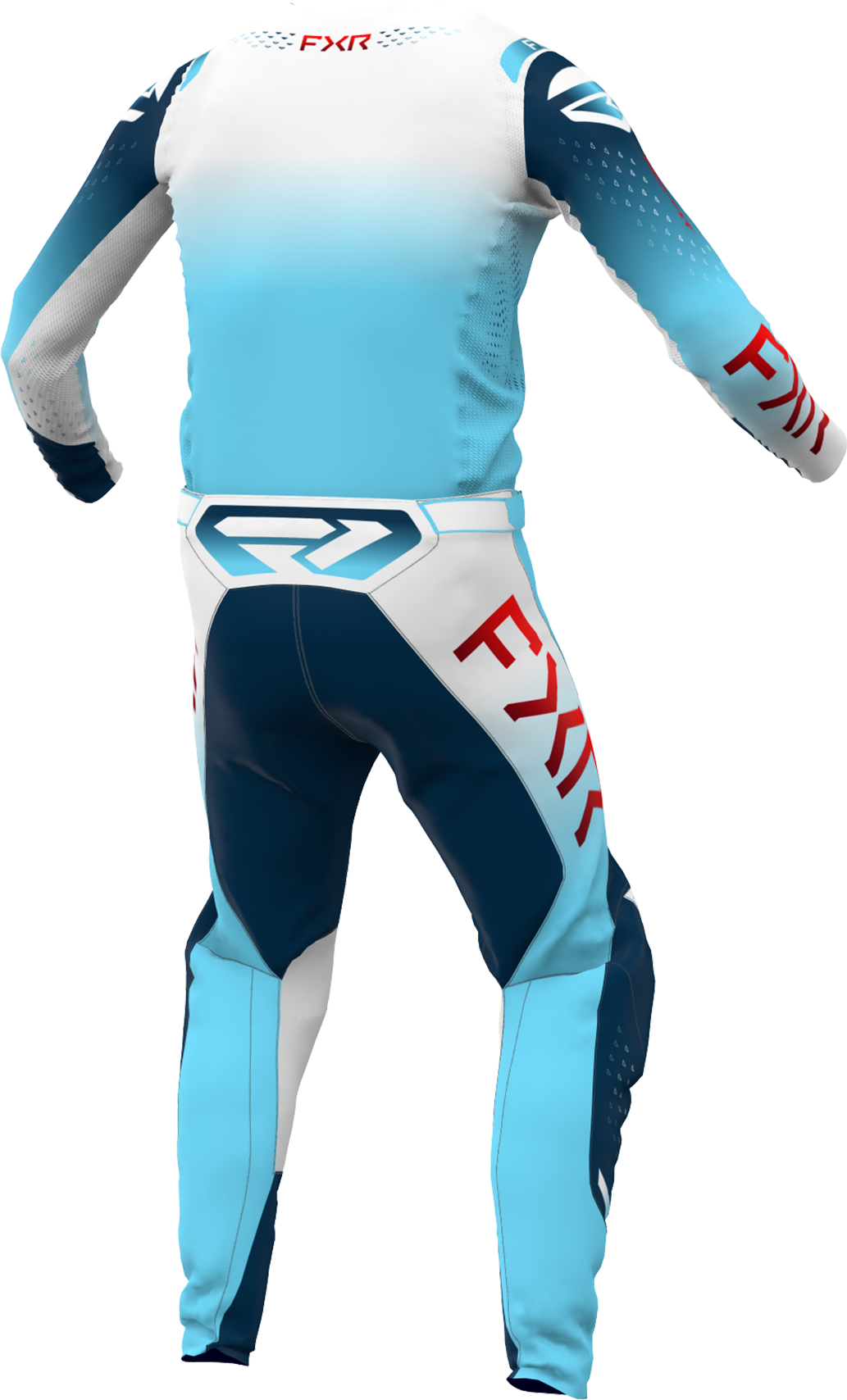 A 3D image of FXR's Helium MX Jersey and Pant in Glacier colorway