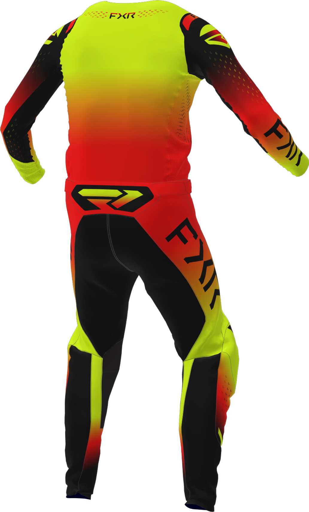 A 3D image of FXR's Helium MX Jersey and Pant in Ignition colorway