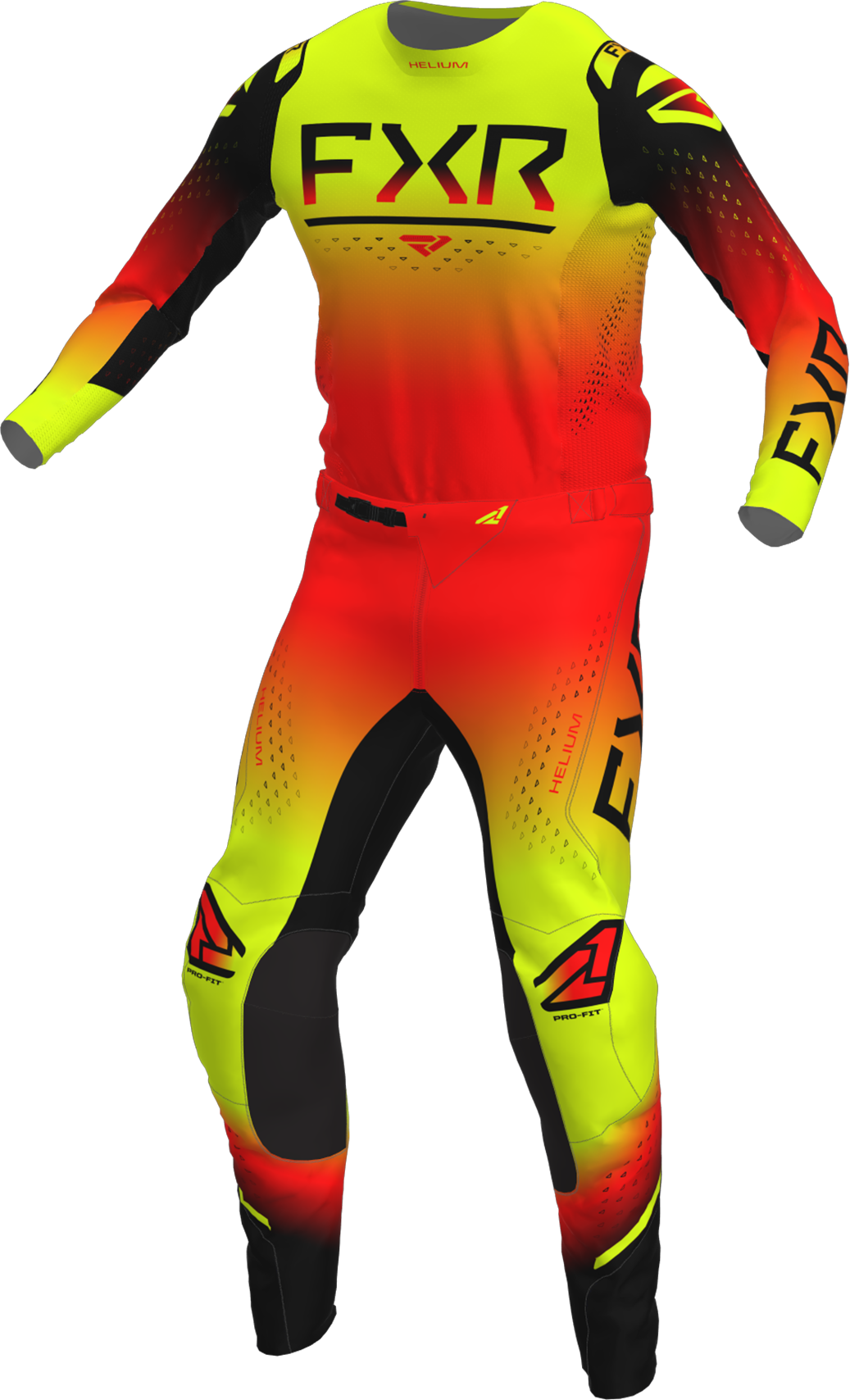 A 3D image of FXR's Helium MX Jersey and Pant in Ignition colorway