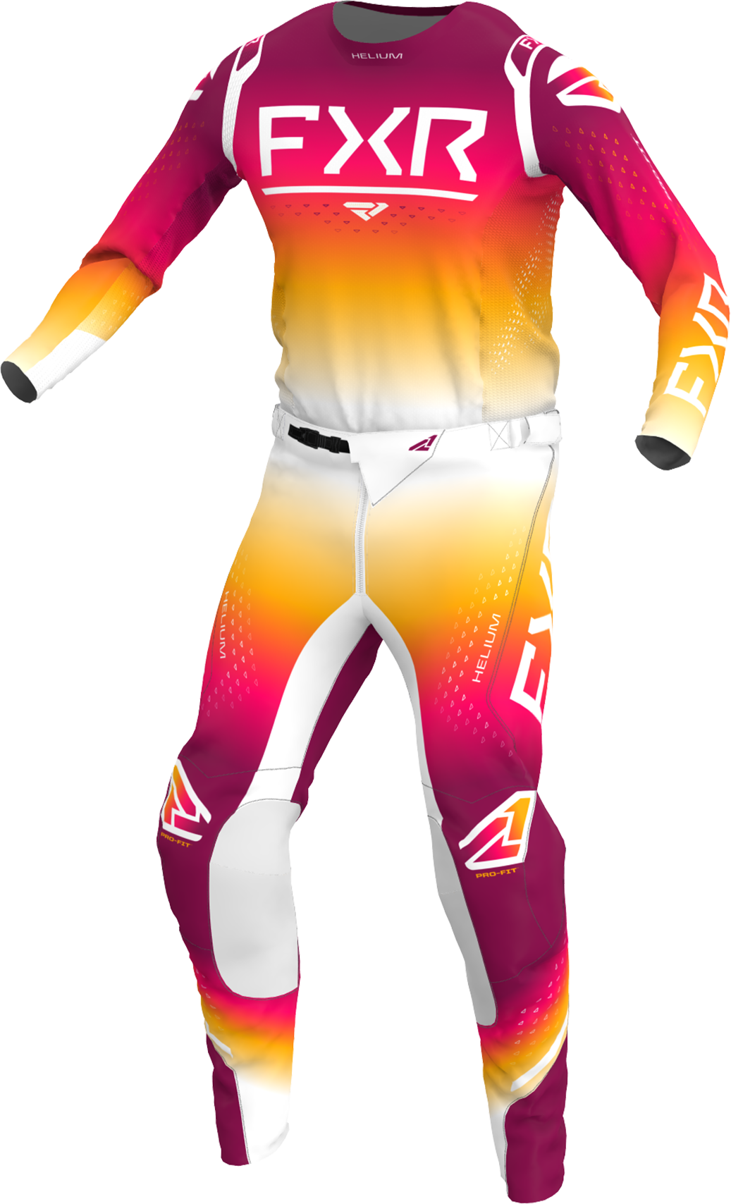 A 3D image of FXR's Helium MX Jersey and Pant in Sangria colorway