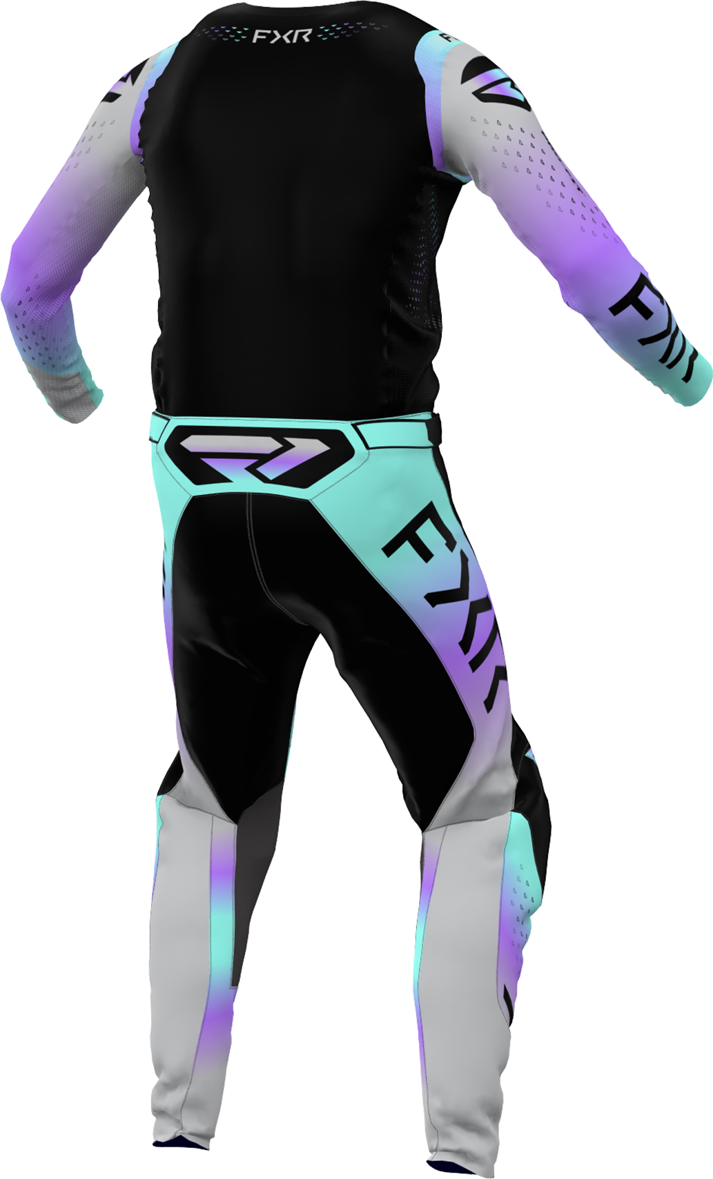 A 3D image of FXR's Helium MX Jersey and Pant in Ultra Violet colorway