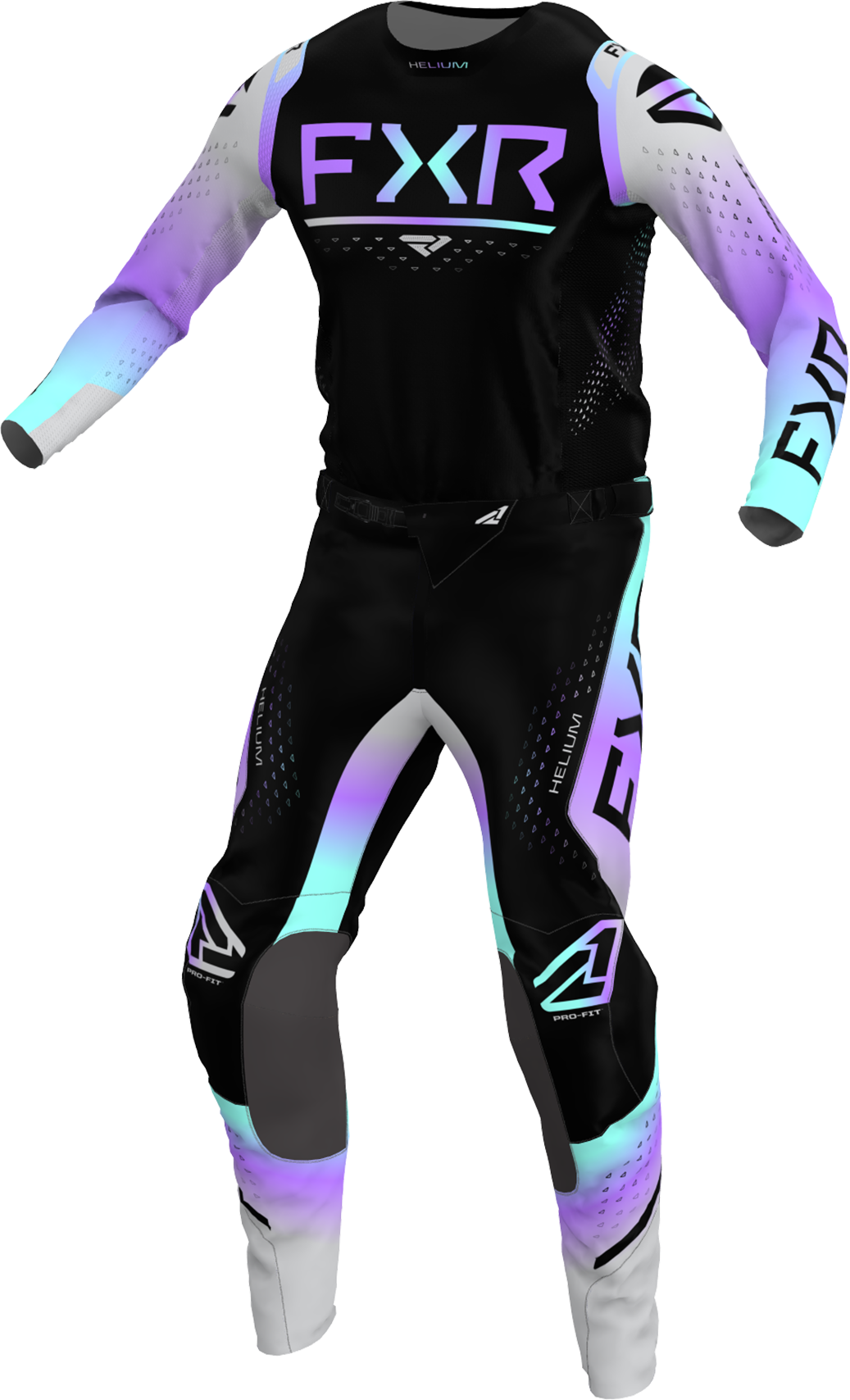 A 3D image of FXR's Helium MX Jersey and Pant in Ultra Violet colorway
