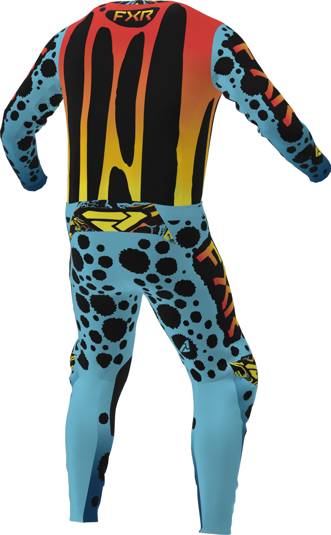A 3D image of FXR's Podium MX Jersey and Pant in Dart Frog colorway