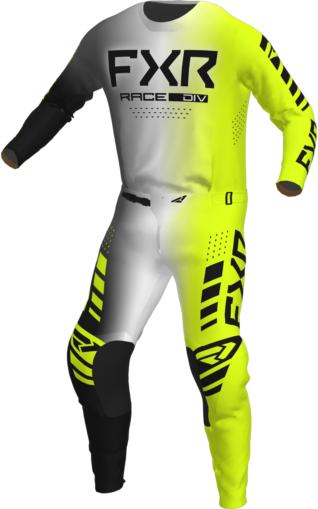 A 3D image of FXR's Podium MX Jersey and Pant in Eclipse colorway