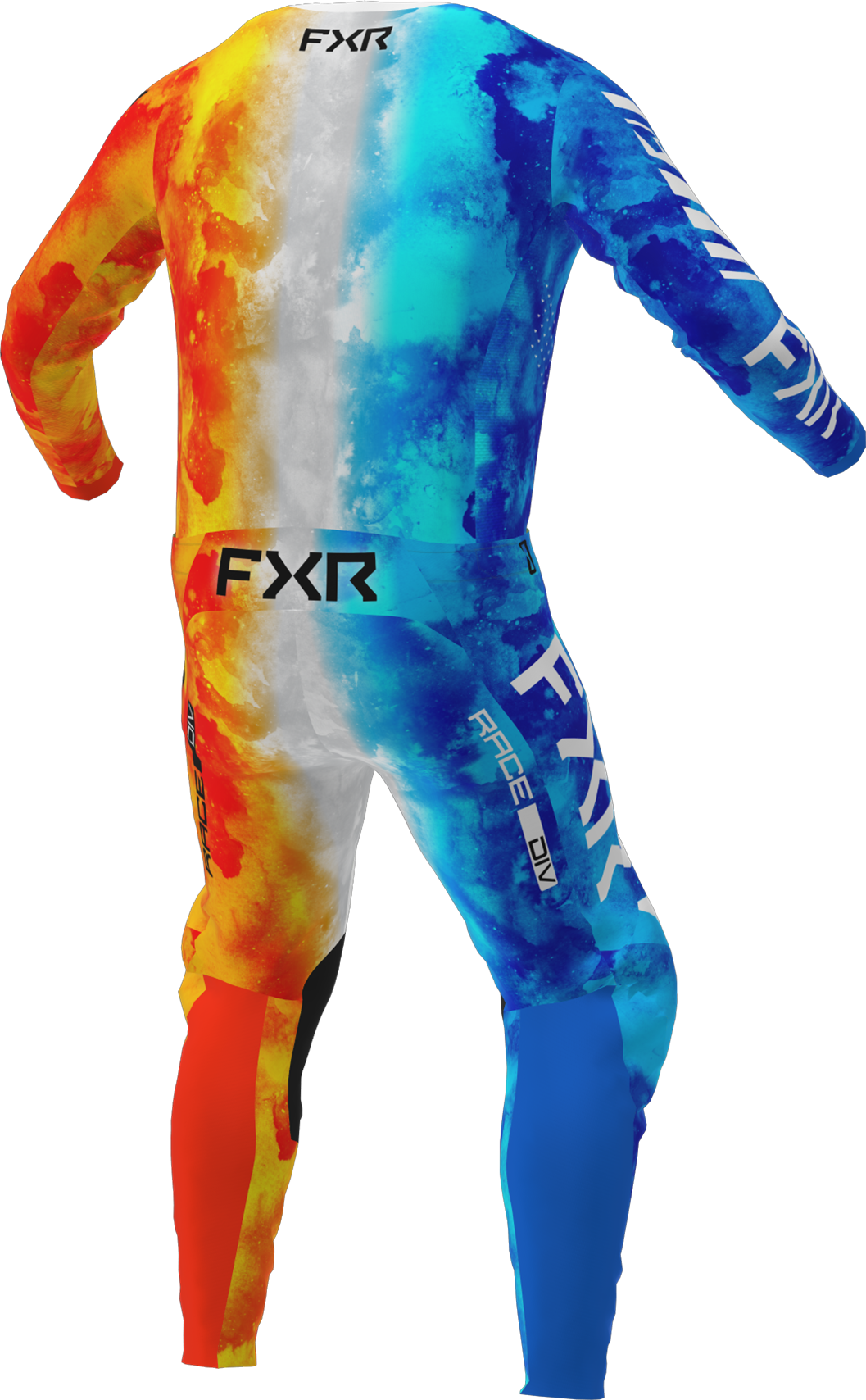 A 3D image of FXR's Podium MX Jersey and Pant in Fire & Ice colorway