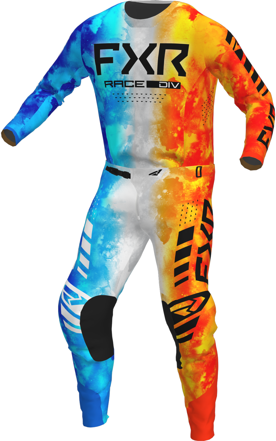 A 3D image of FXR's Podium MX Jersey and Pant in Fire & Ice colorway