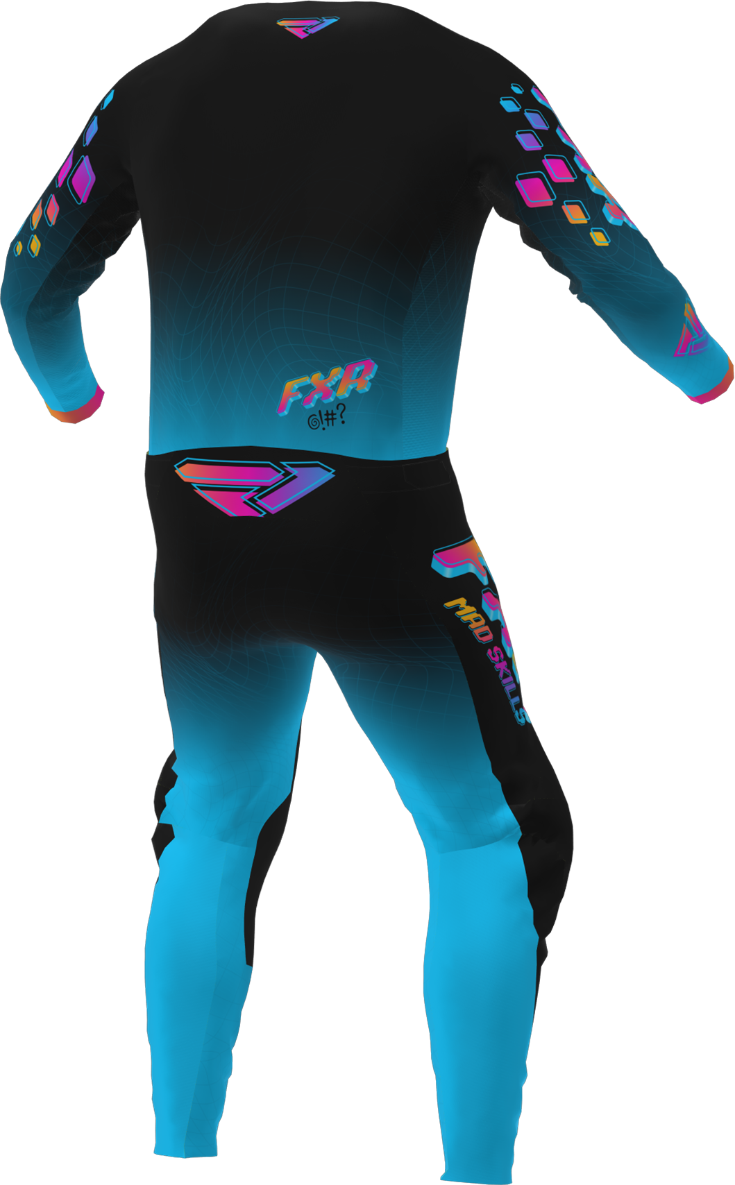 A 3D image of FXR's Podium MX Jersey and Pant in Mad Skills colorway